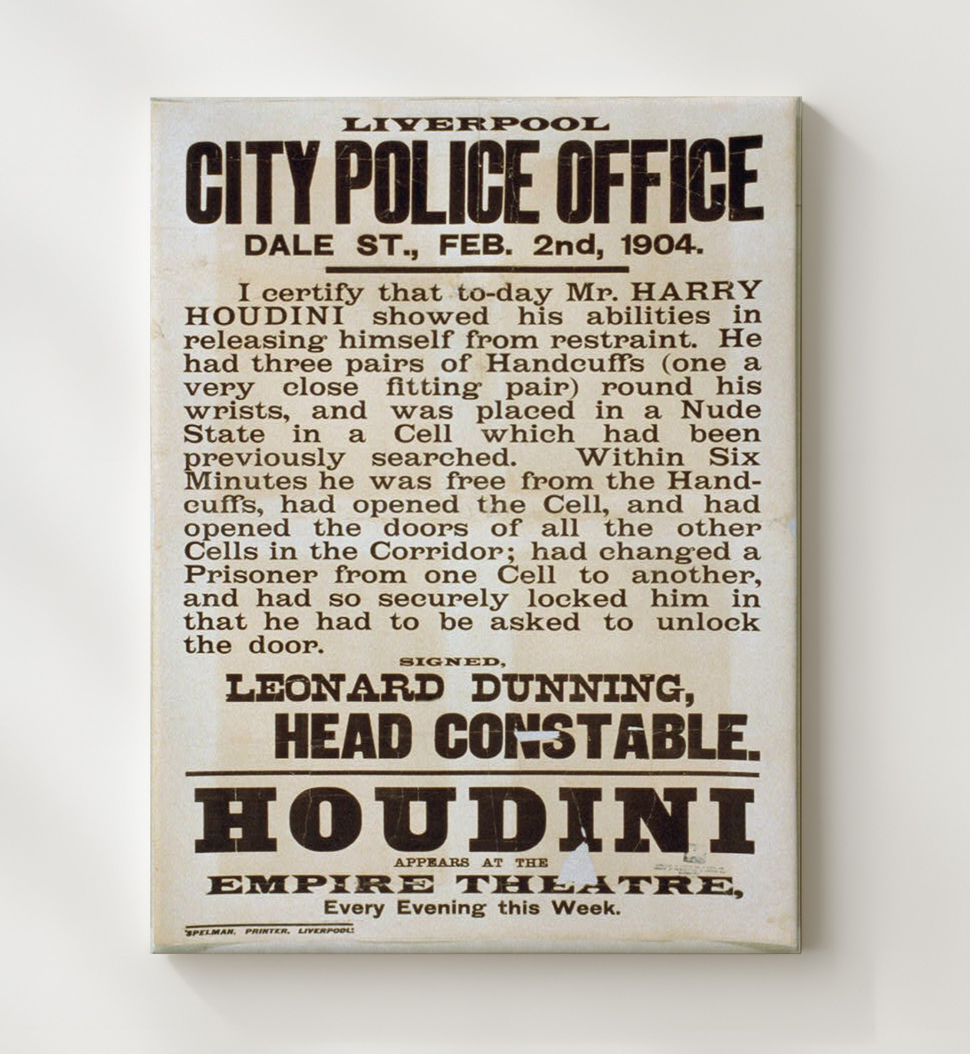 Houdini - Liverpool Police Affidavit - Magic Poster - 20x24 Canvas