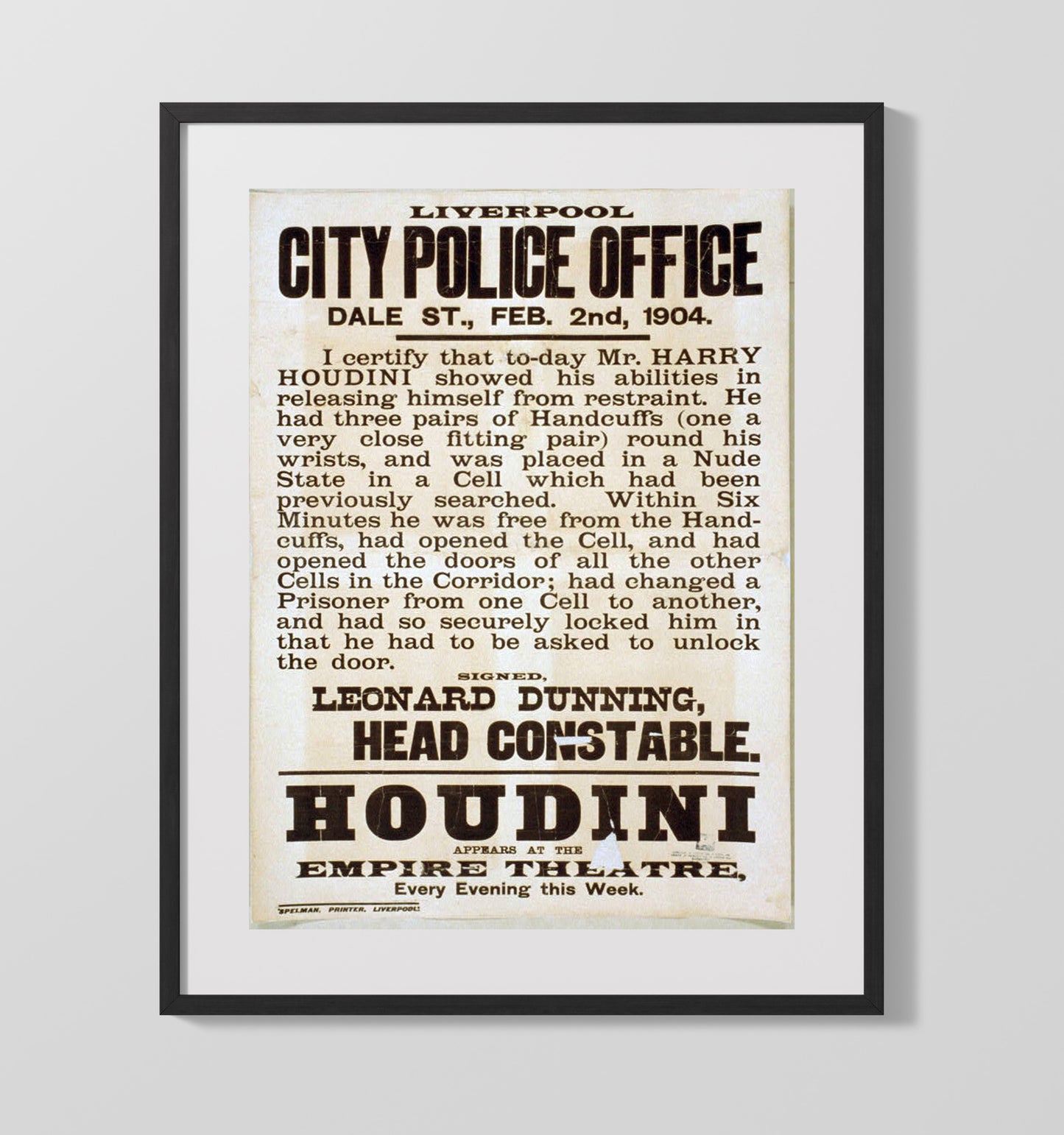 Houdini - Liverpool Police Affidavit - Magic Poster - 16x20 Gallery Frame