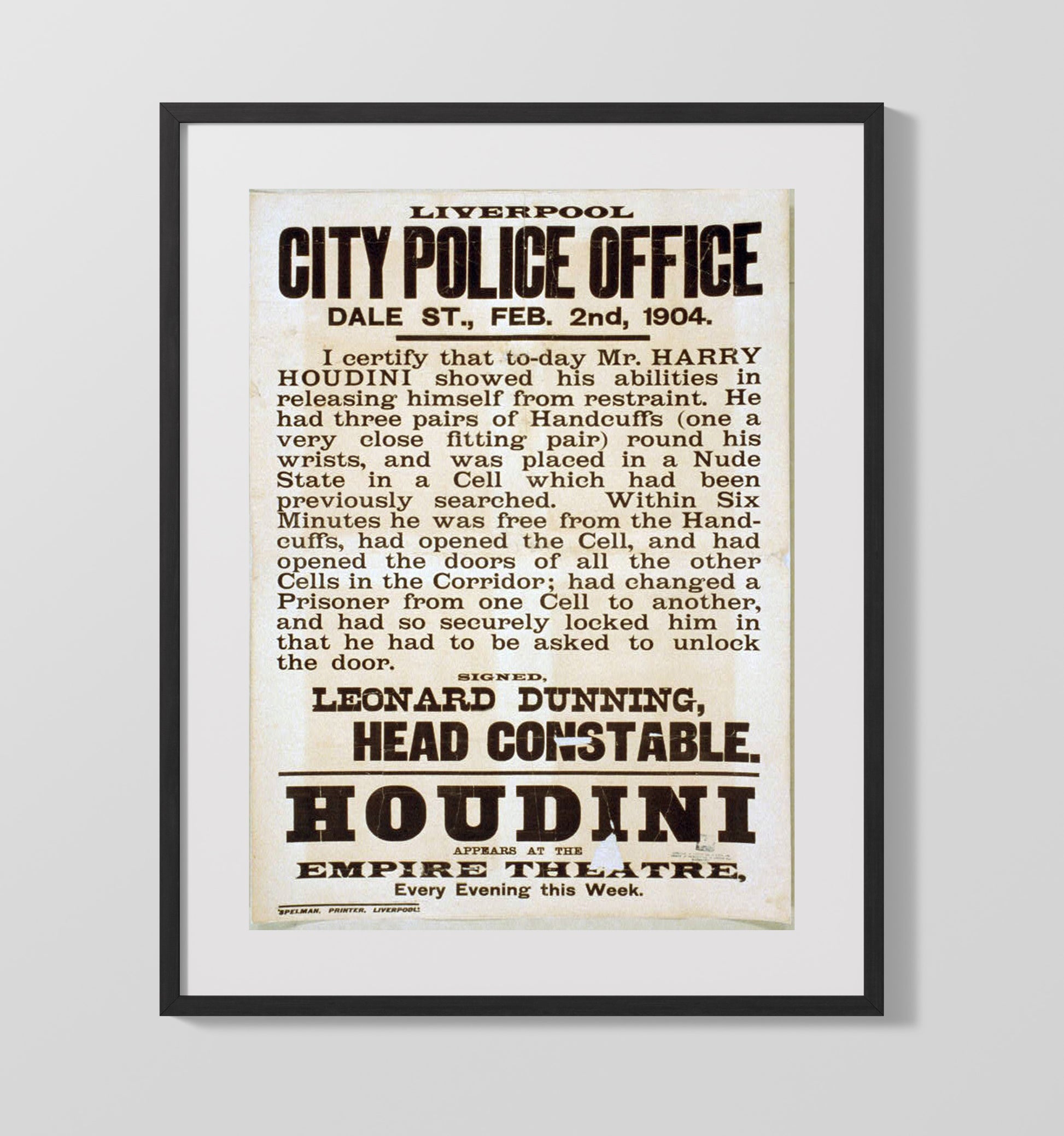 Houdini - Liverpool Police Affidavit - Magic Poster - 16x20 Gallery Frame