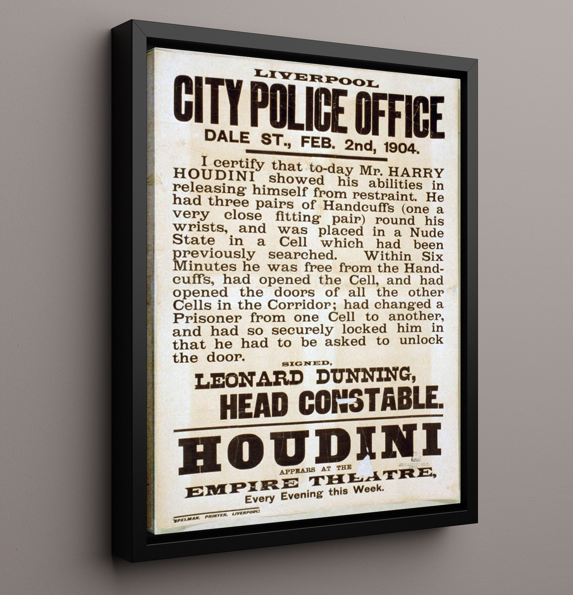 Houdini - Liverpool Police Affidavit - Magic Poster - 16x20 Framed Canvas