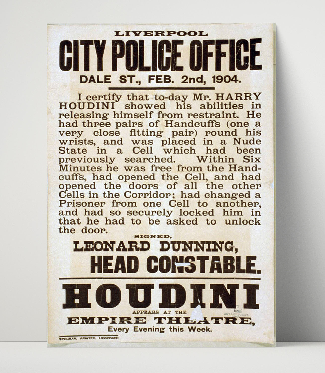 Houdini - Liverpool Police Affidavit - Magic Poster - 16x20 Unframed Print