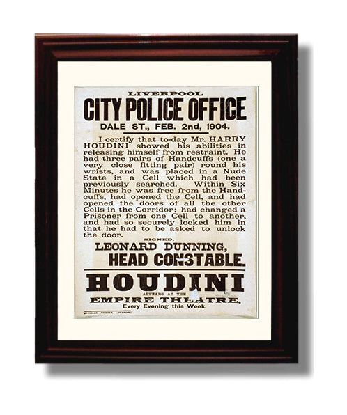 Houdini - Liverpool Police Affidavit - Magic Poster - 8x10 Beveled Frame