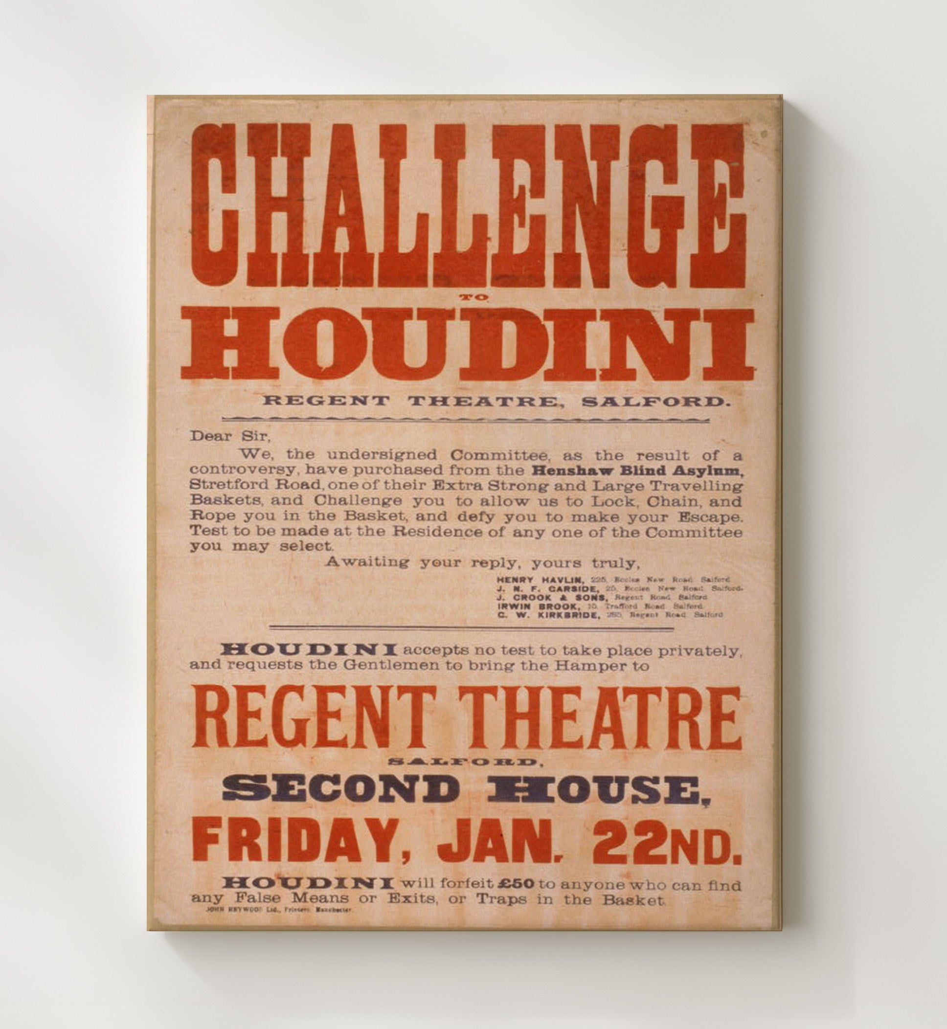 Houdini - Locked and Chained - Magic Poster - 20x24 Canvas