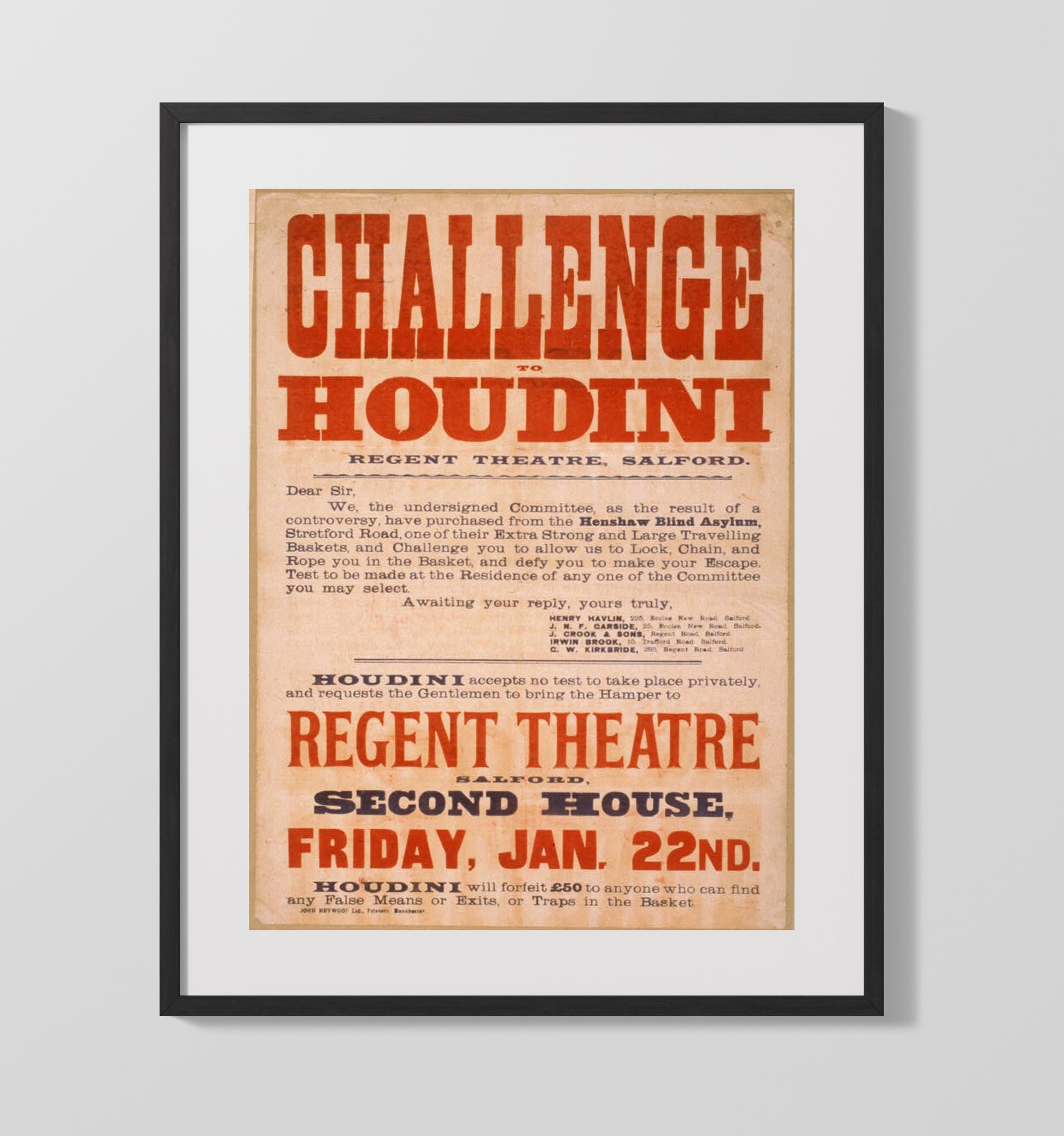 Houdini - Locked and Chained - Magic Poster - 16x20 Gallery Frame