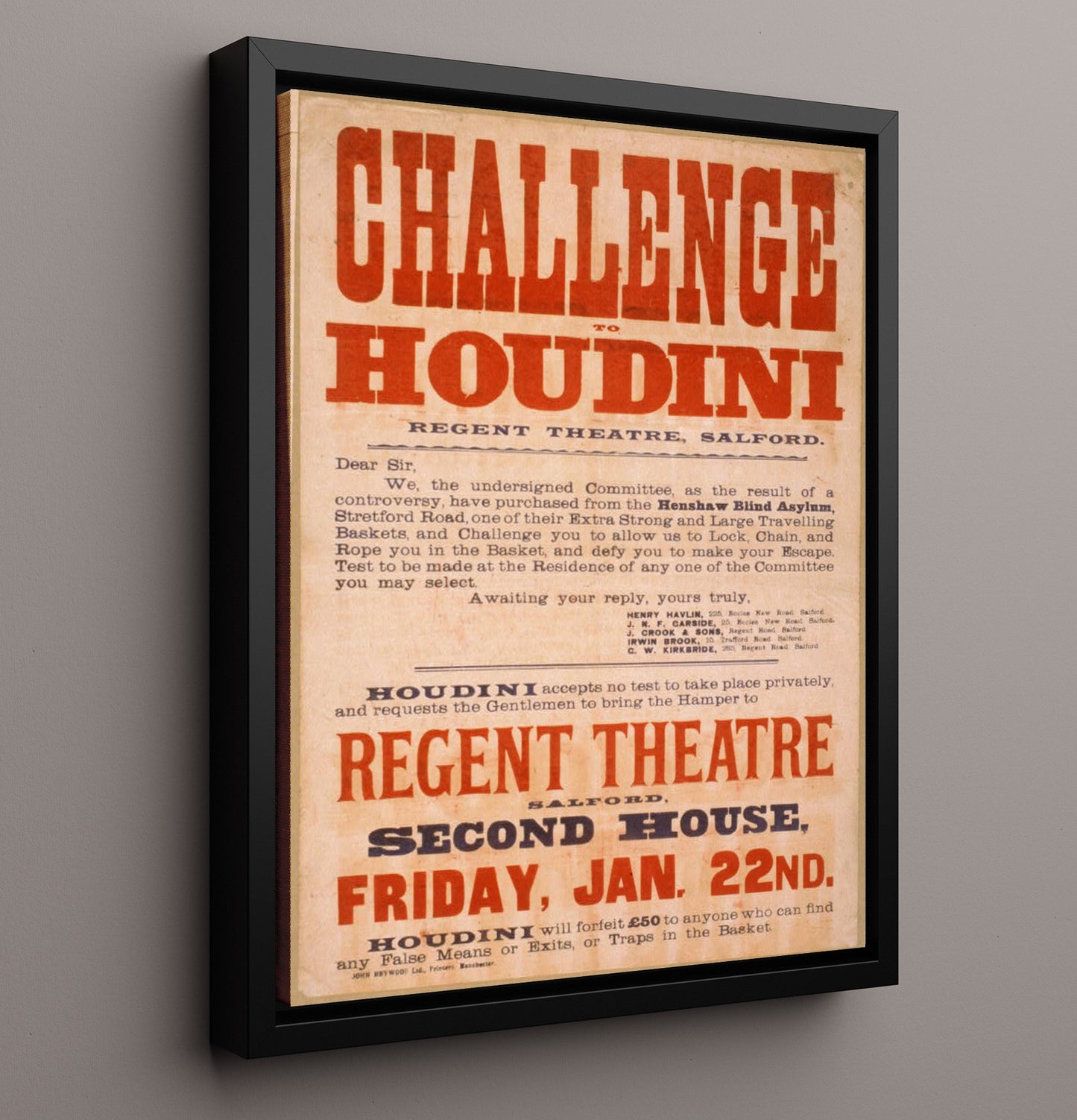Houdini - Locked and Chained - Magic Poster - 16x20 Framed Canvas