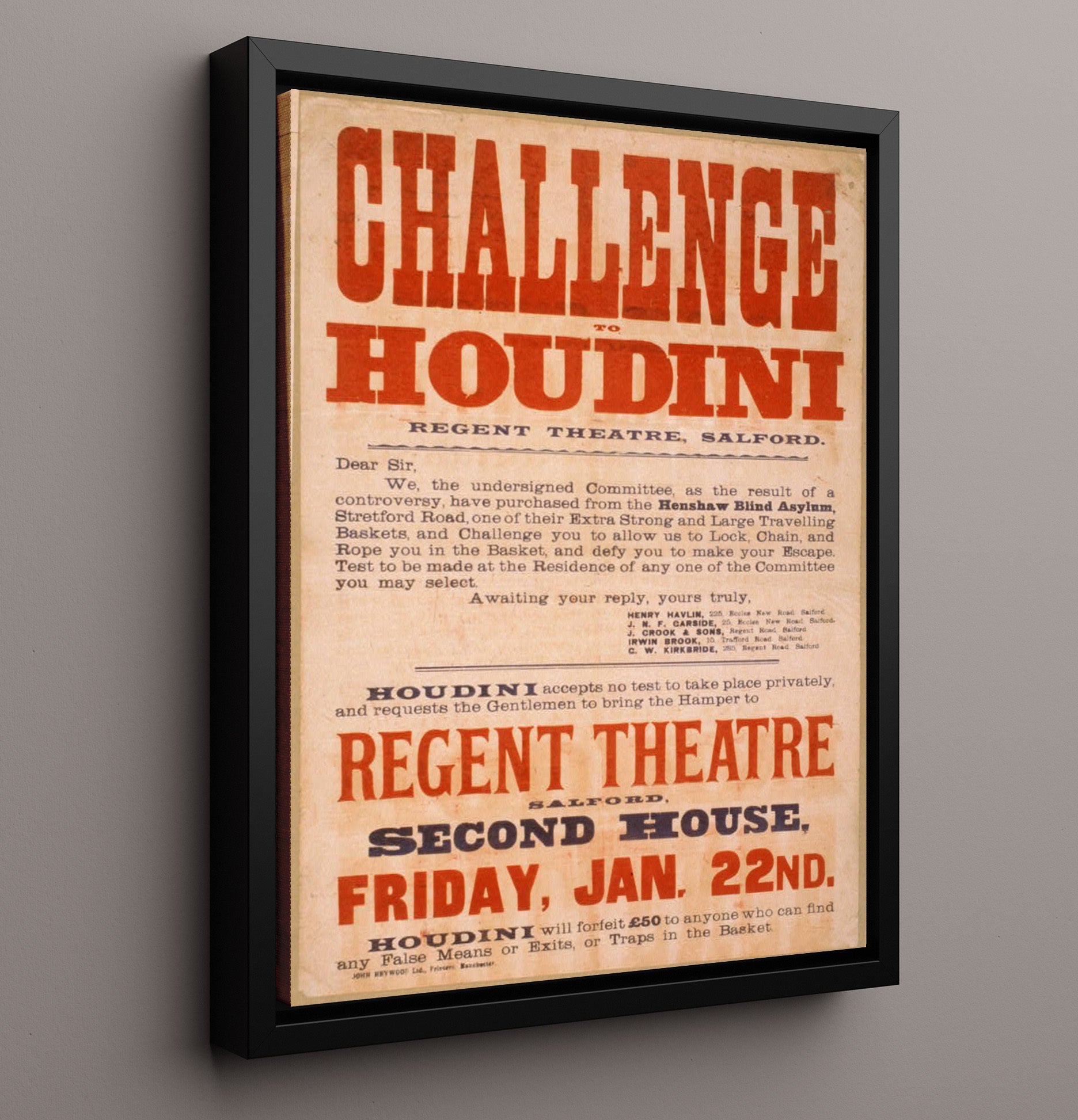 Houdini - Locked and Chained - Magic Poster - 16x20 Framed Canvas