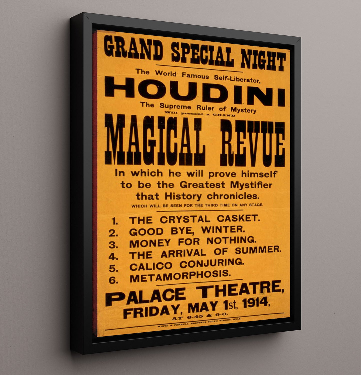 Houdini - Magical Revue - Magic Poster - 16x20 Framed Canvas
