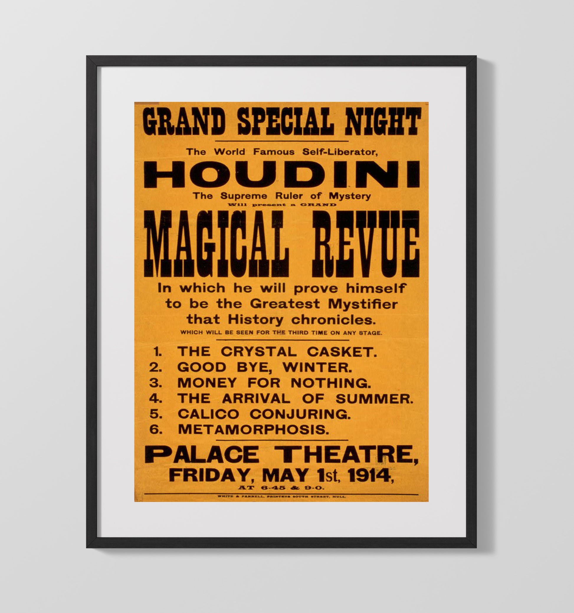 Houdini - Magical Revue - Magic Poster - 16x20 Gallery Frame