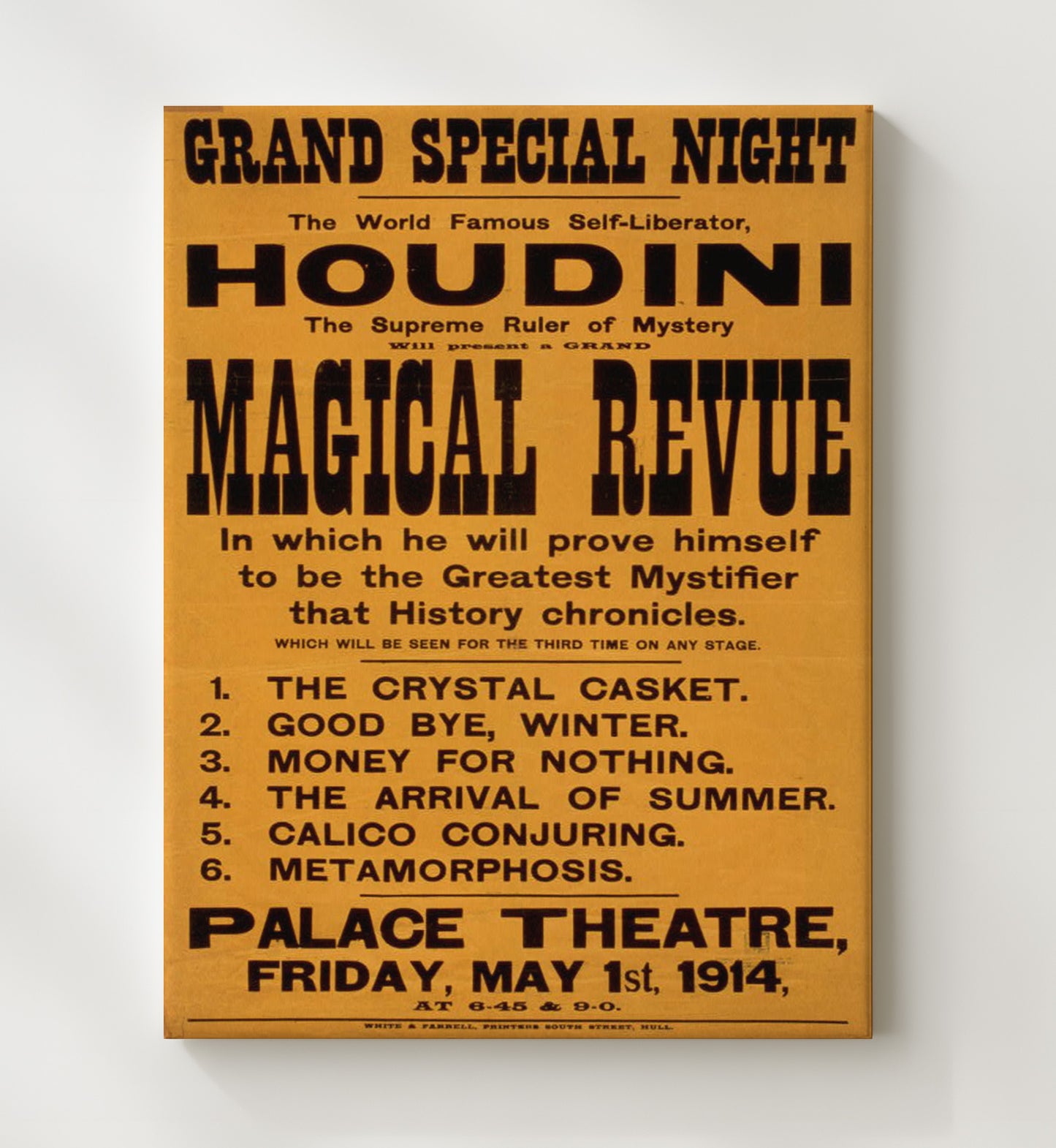 Houdini - Magical Revue - Magic Poster - 20x24 Canvas
