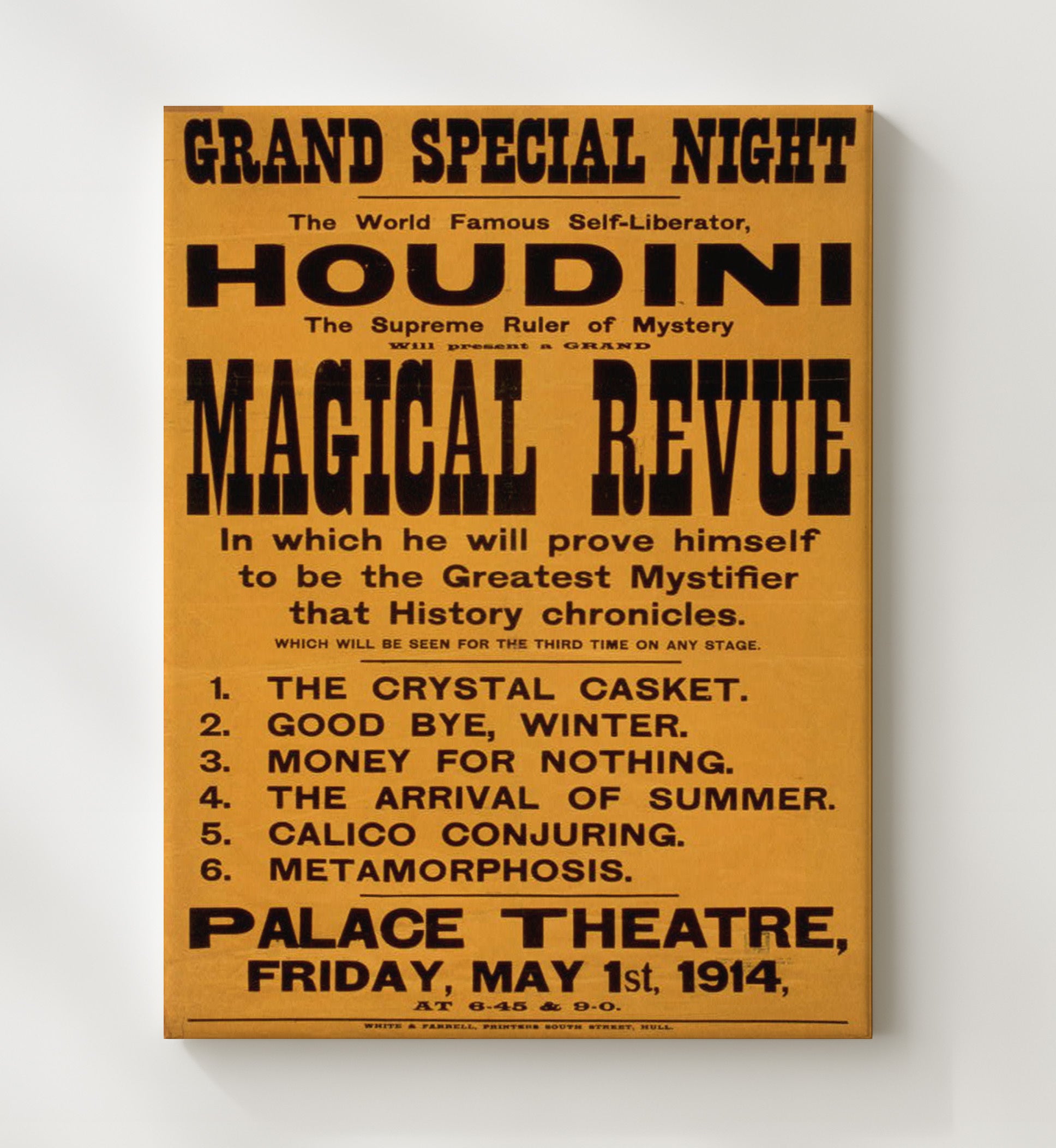 Houdini - Magical Revue - Magic Poster - 20x24 Canvas