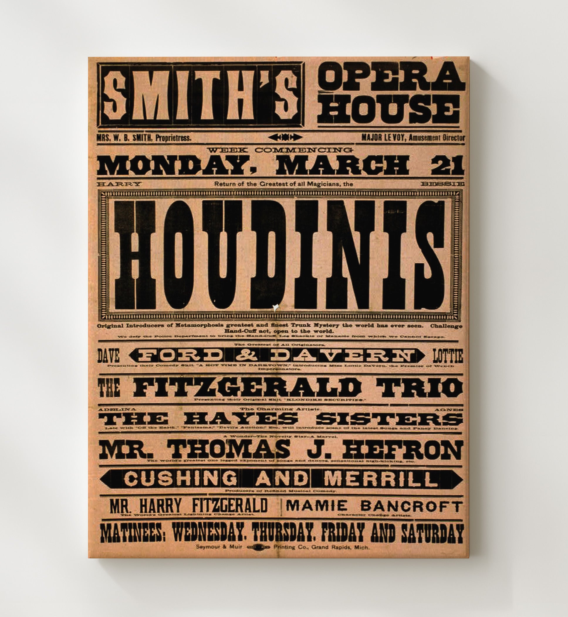 Houdini - Opera House Sensation - Magic Poster - 20x24 Canvas