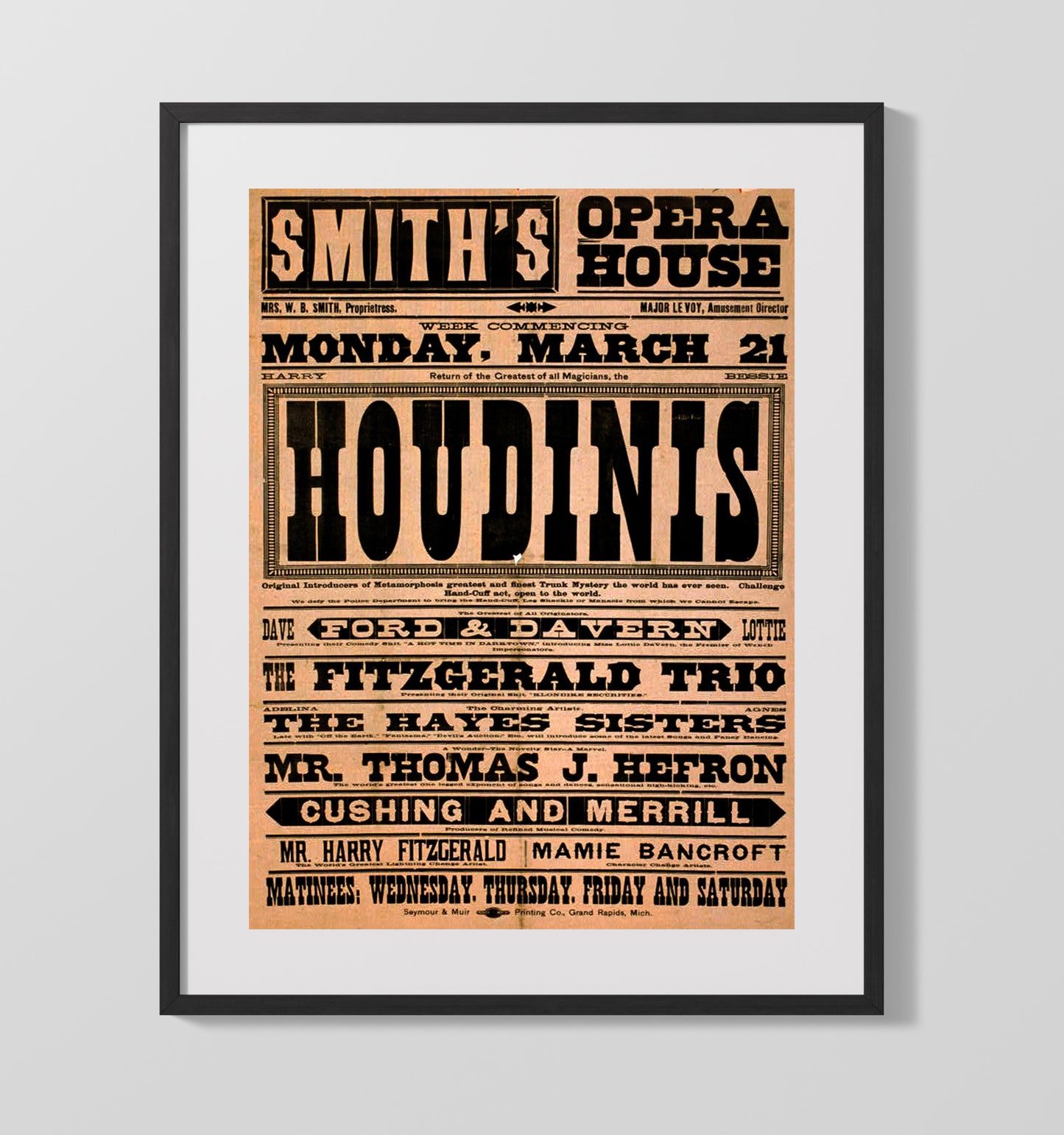 Houdini - Opera House Sensation - Magic Poster - 16x20 Gallery Frame