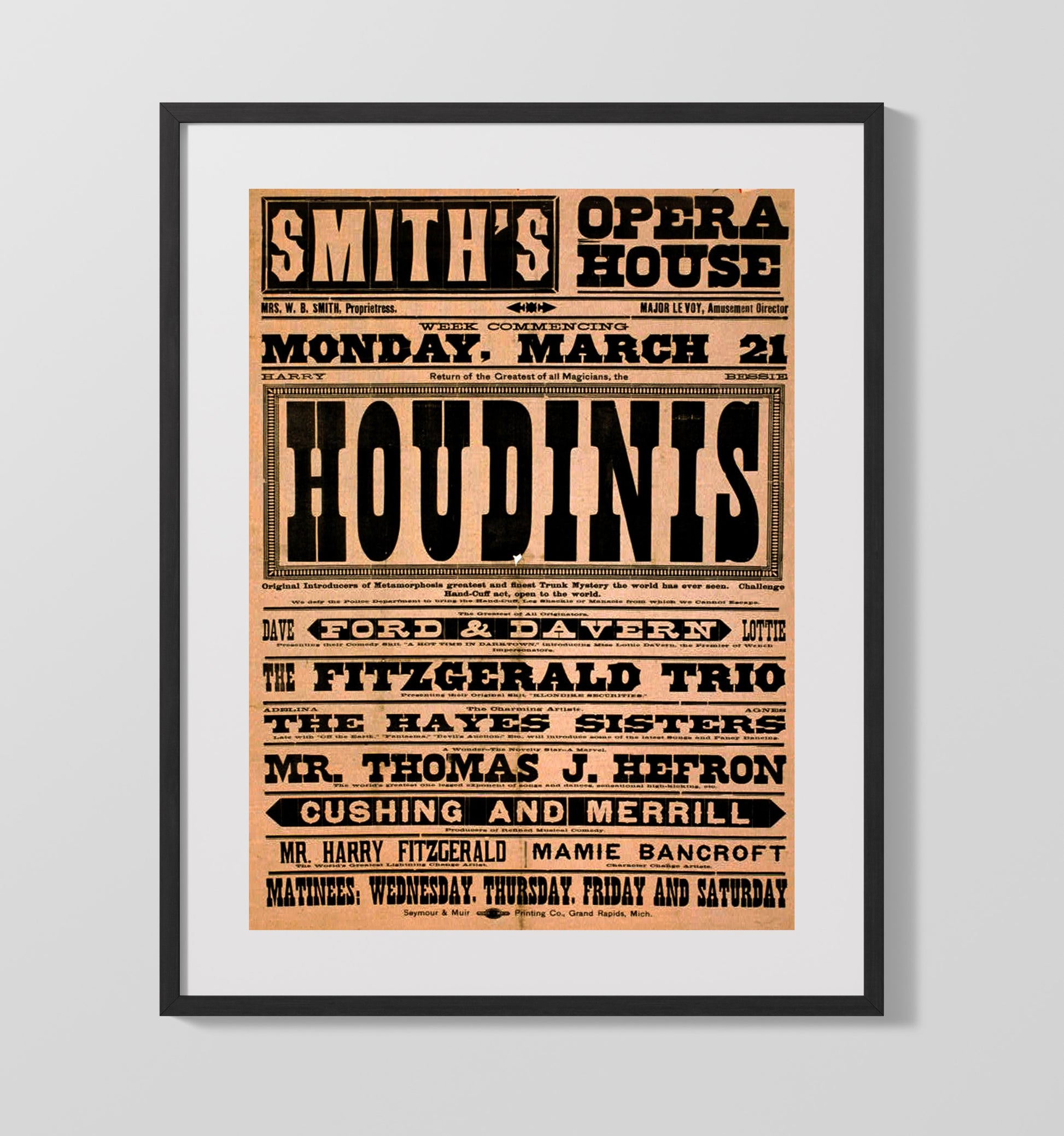Houdini - Opera House Sensation - Magic Poster - 16x20 Gallery Frame