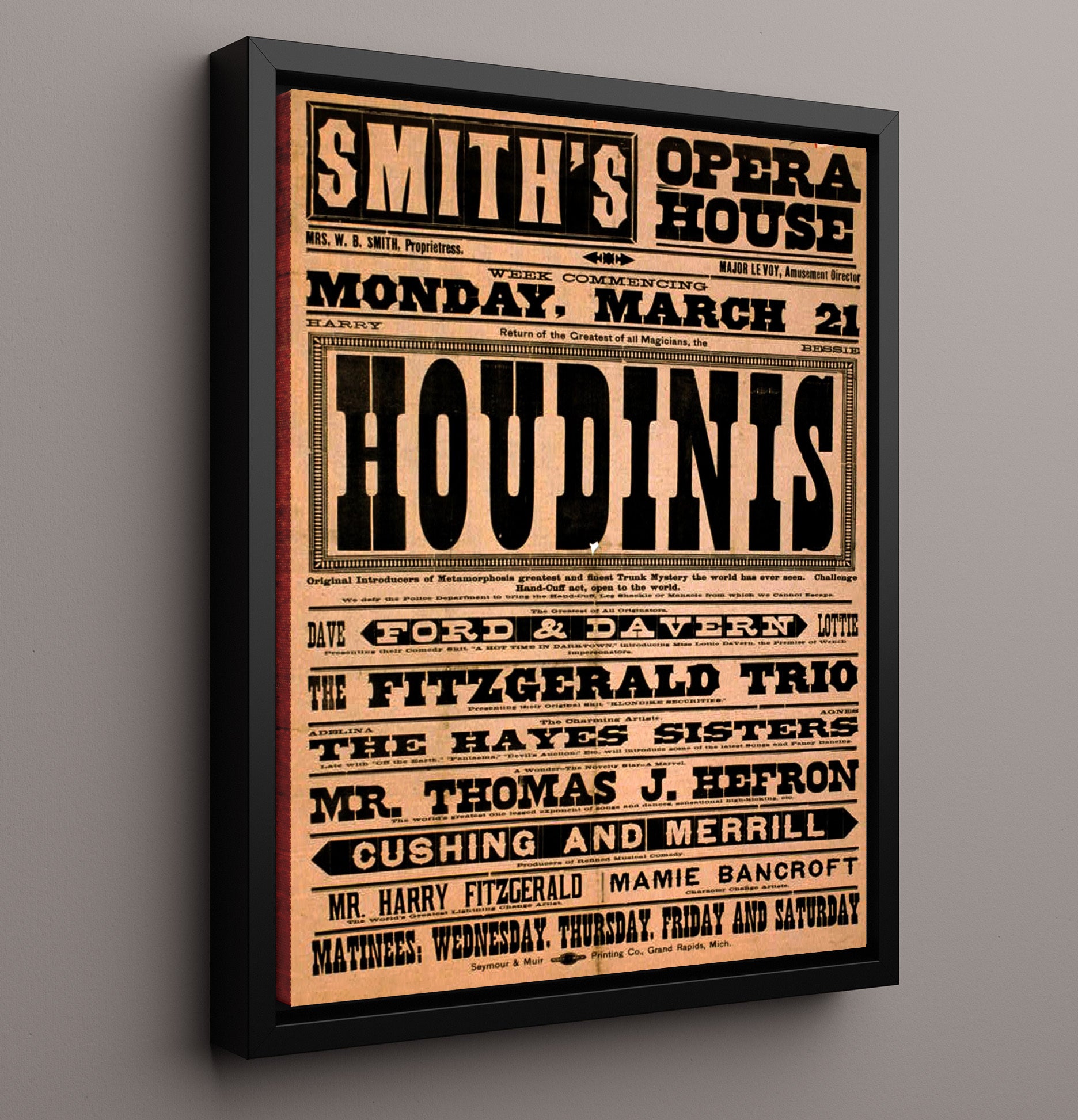 Houdini - Opera House Sensation - Magic Poster - 16x20 Framed Canvas