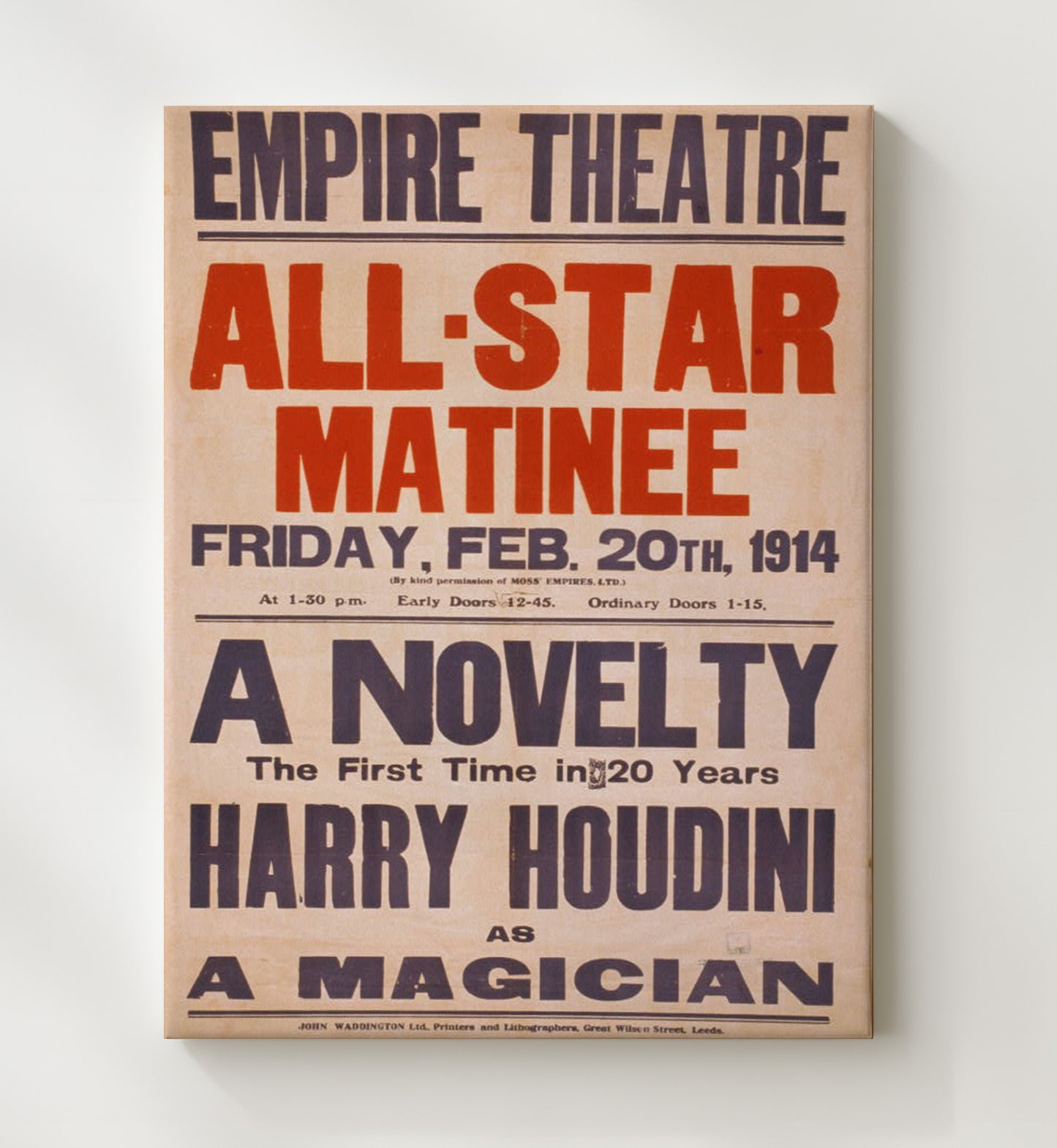 Houdini - Rare Magician Act - Magic Poster - 20x24 Canvas