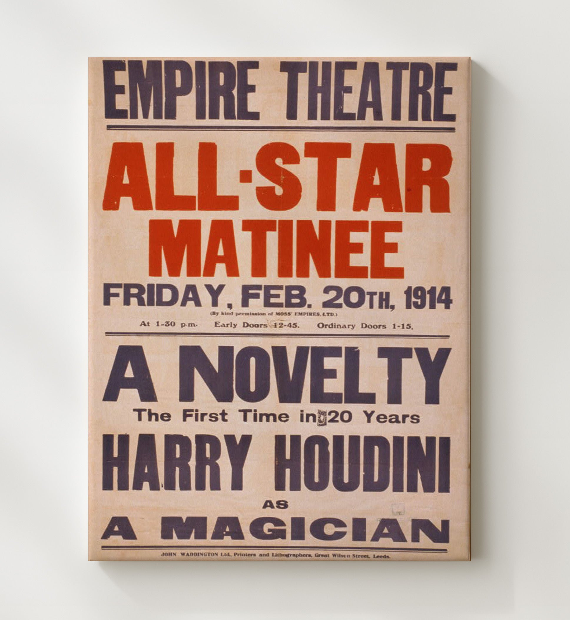 Houdini - Rare Magician Act - Magic Poster - 20x24 Canvas