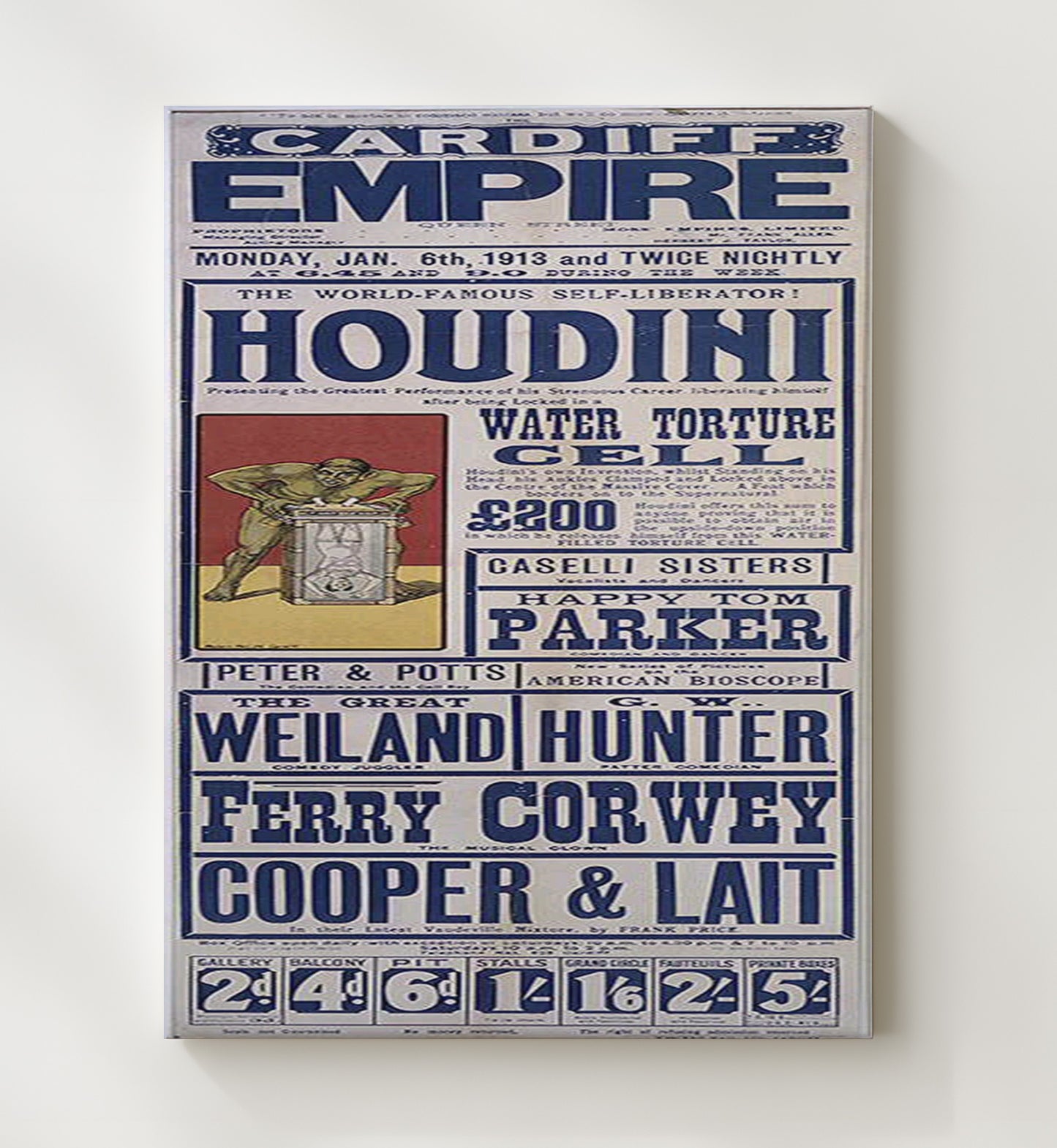 Houdini - Water Torture Cell - Magic Poster - 20x24 Canvas