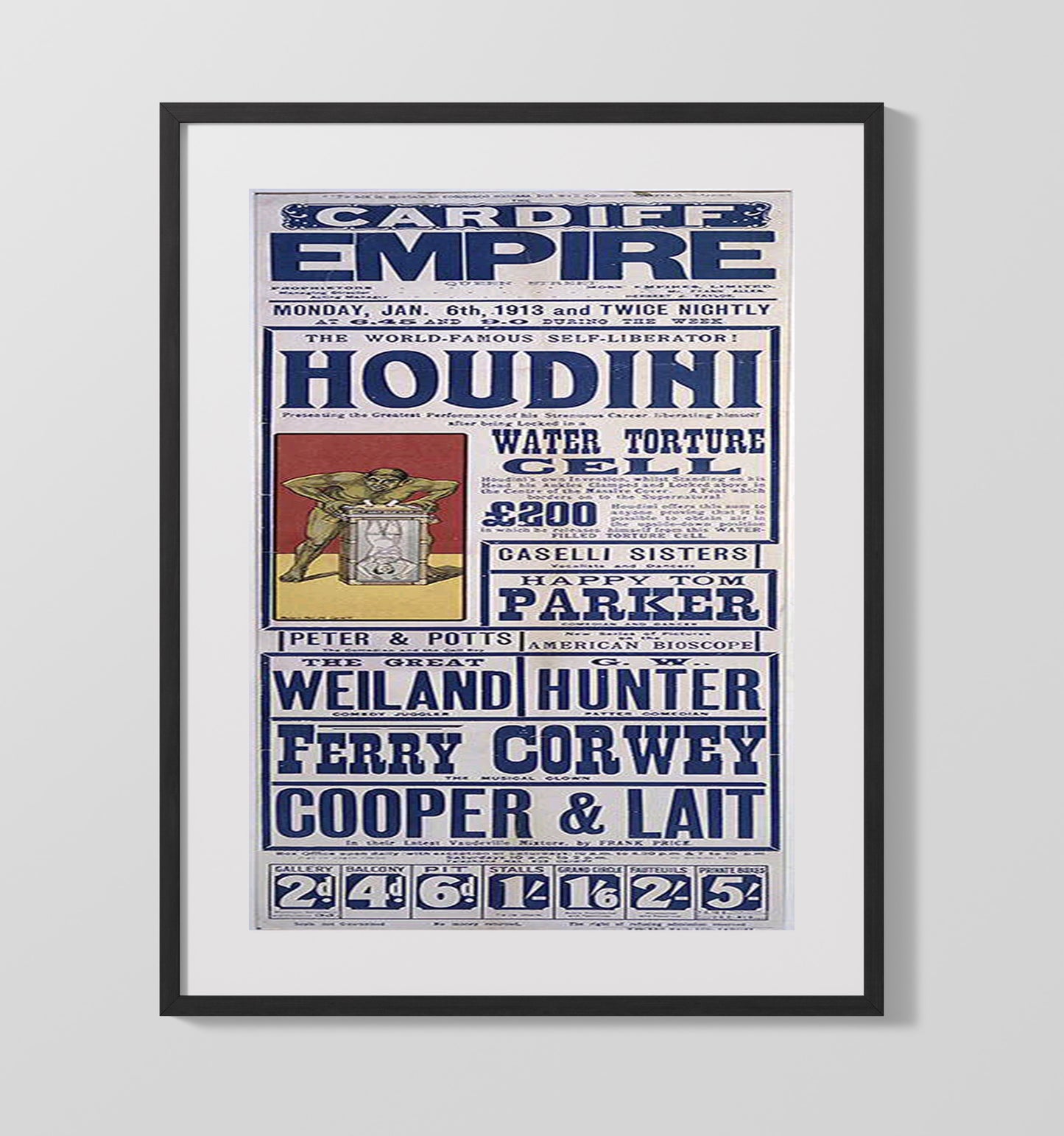 Houdini - Water Torture Cell - Magic Poster - 16x20 Gallery Frame