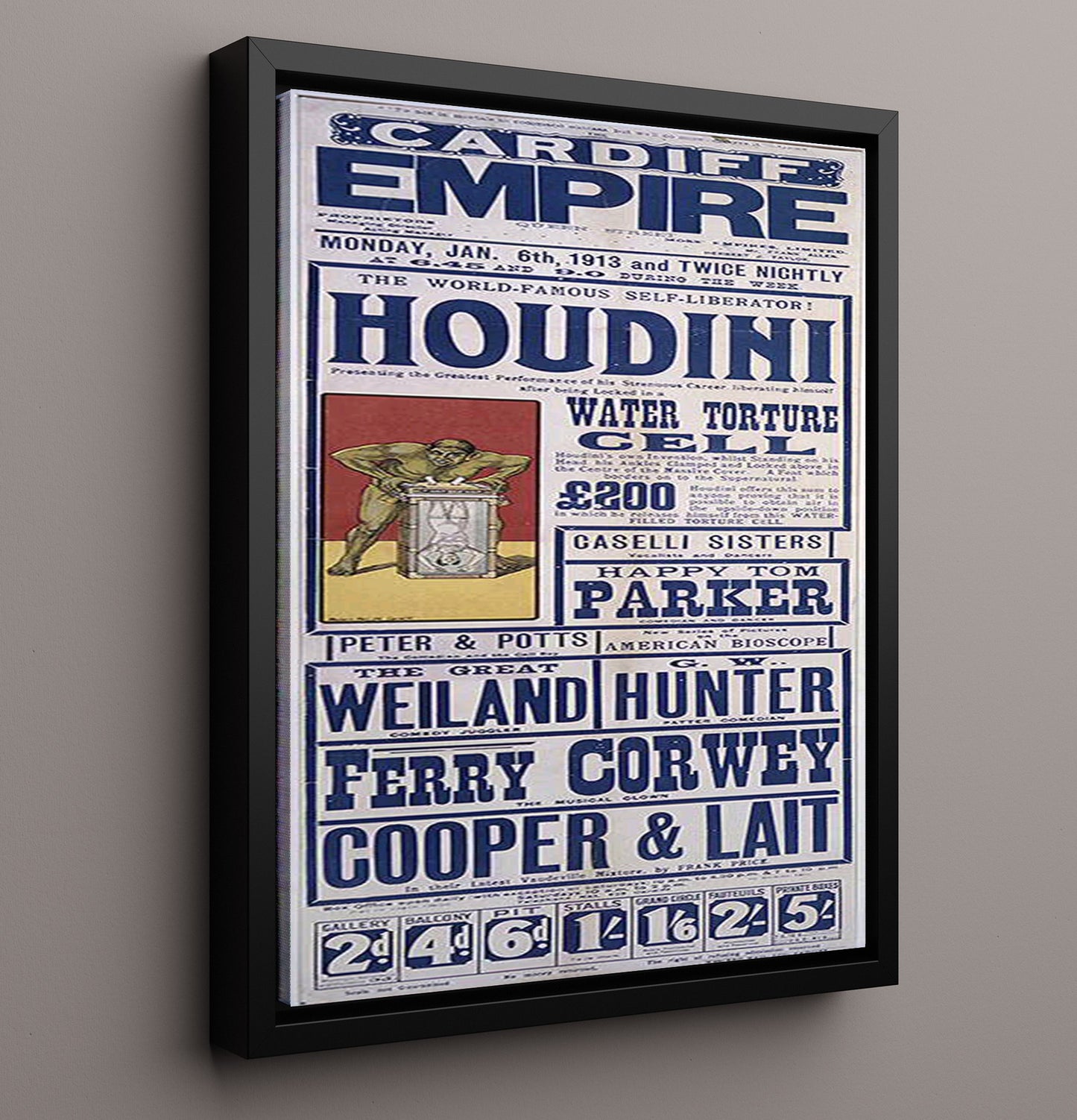Houdini - Water Torture Cell - Magic Poster - 16x20 Framed Canvas
