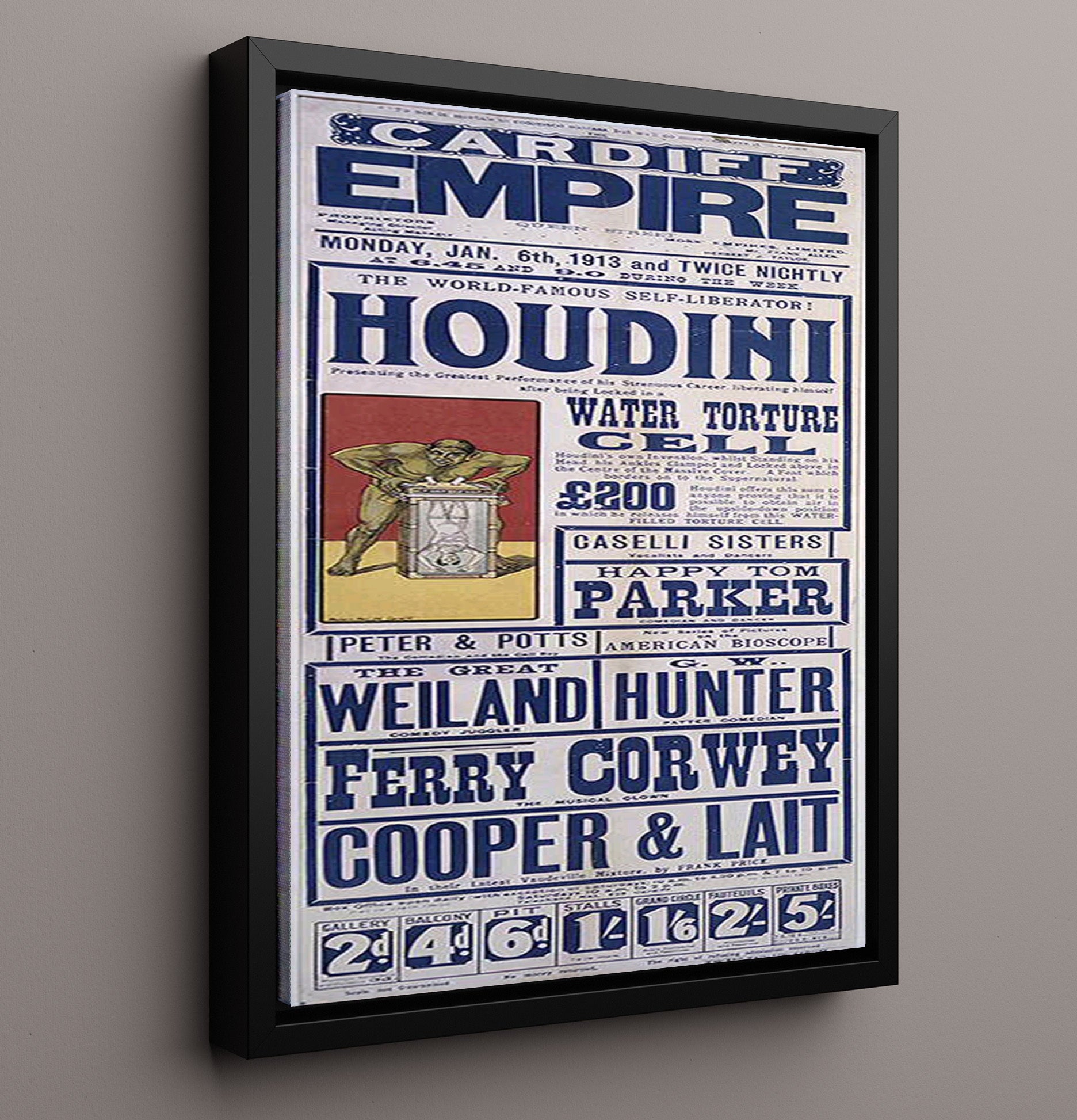 Houdini - Water Torture Cell - Magic Poster - 16x20 Framed Canvas