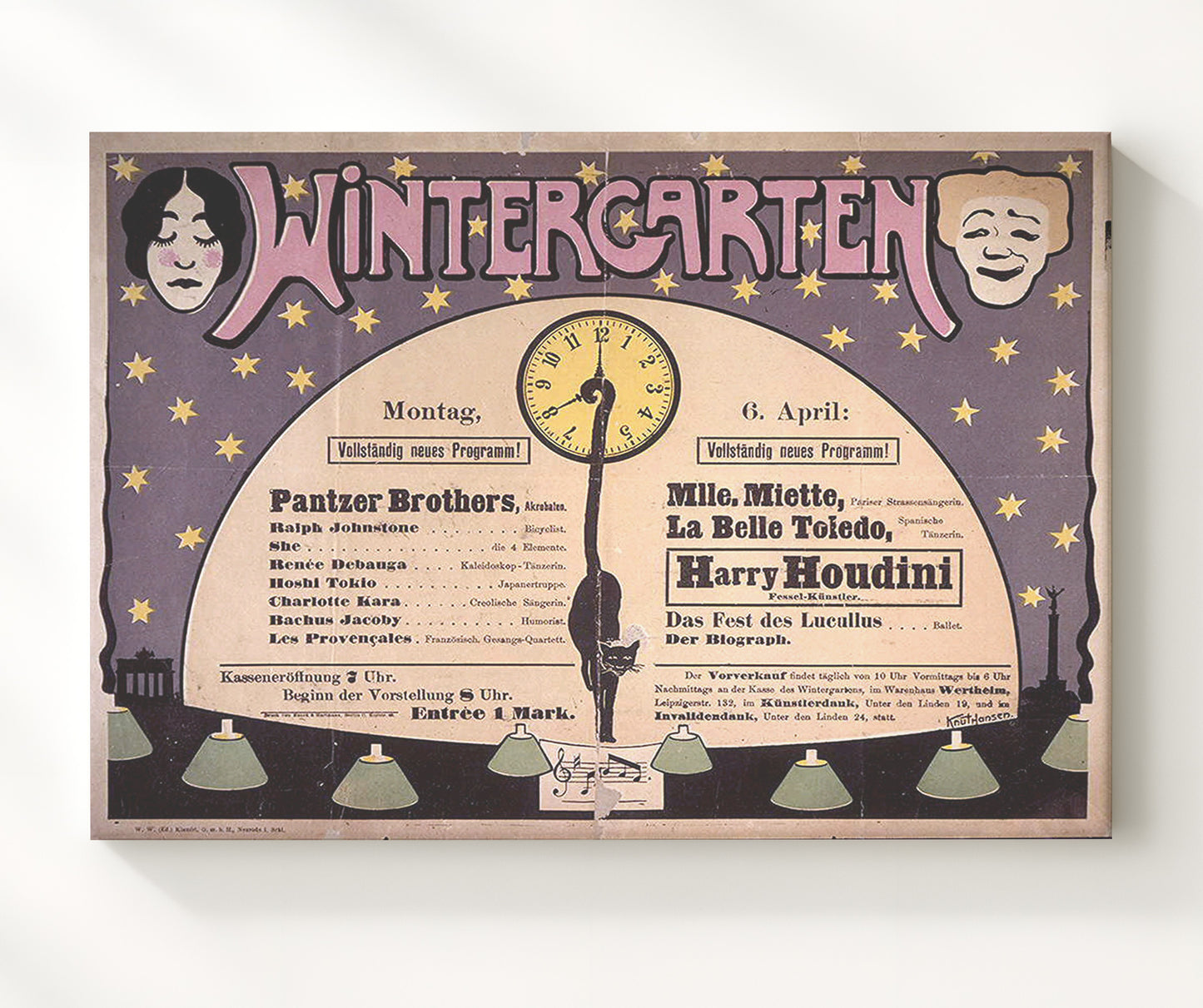 Houdini - Wintergarten Theatre - Magic Poster - 20x24 Canvas