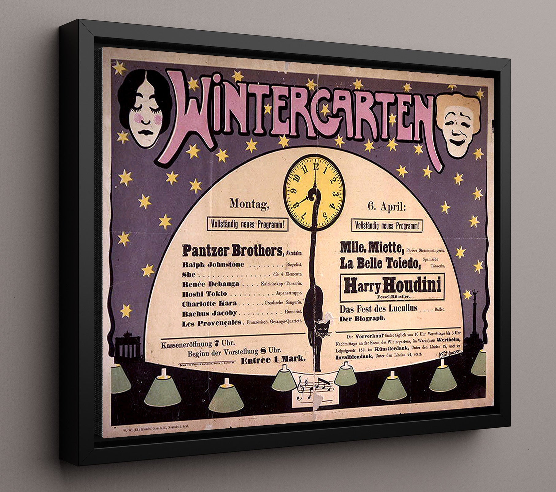Houdini - Wintergarten Theatre - Magic Poster - 16x20 Framed Canvas