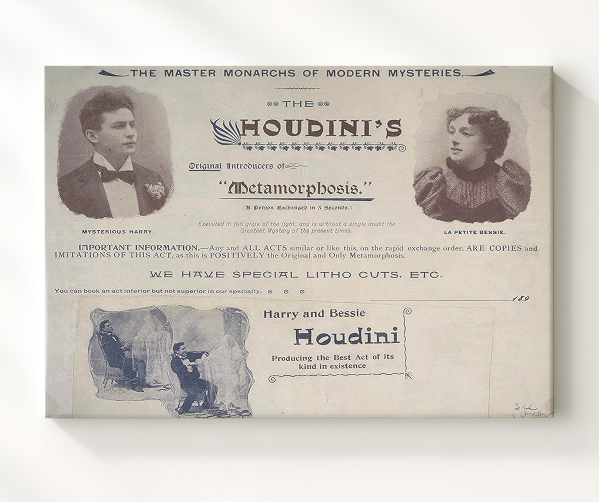 Houdini Metamorphosis - Escape Illusion - Magic Poster - 20x24 Canvas