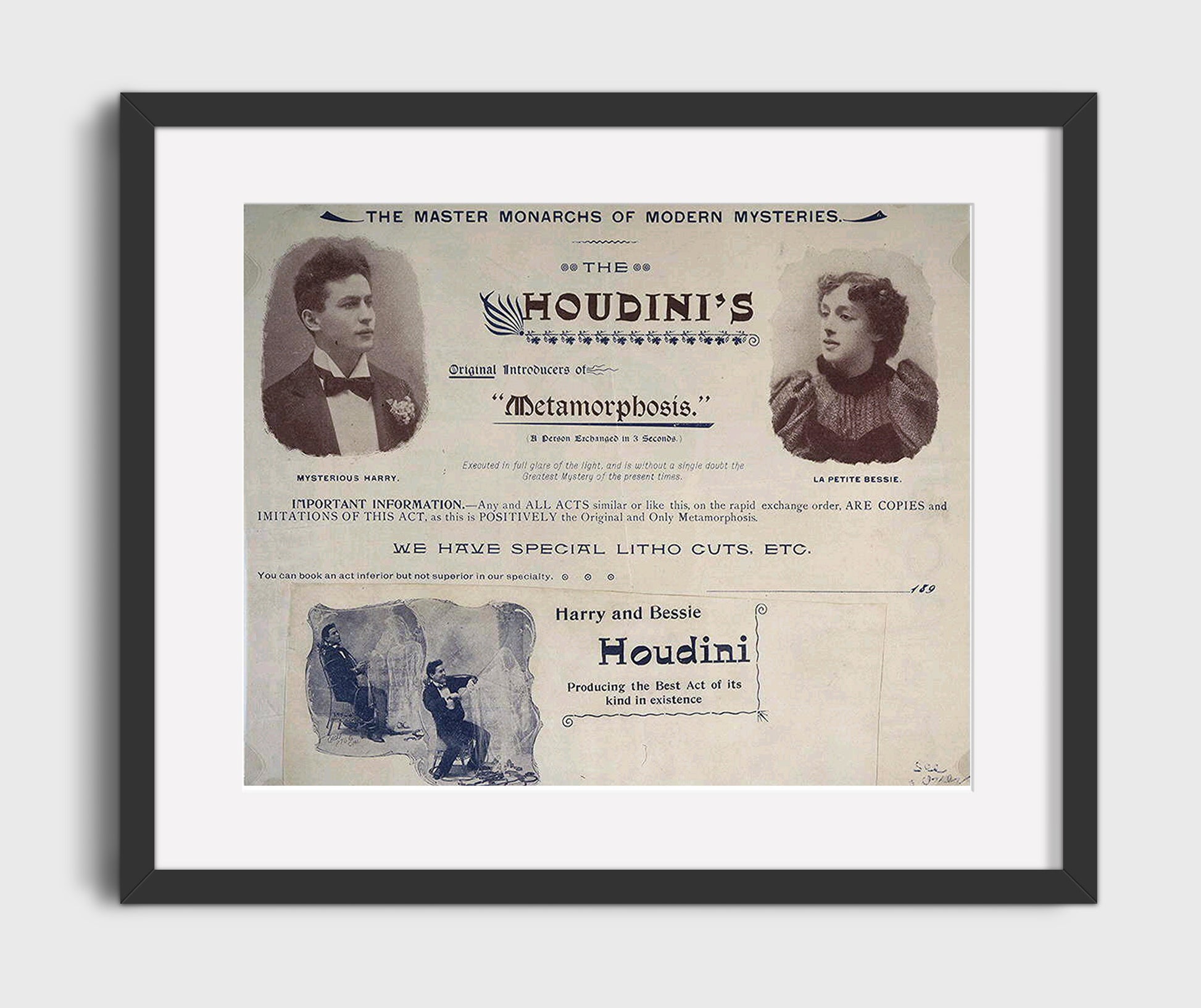 Houdini Metamorphosis - Escape Illusion - Magic Poster - 16x20 Gallery Frame