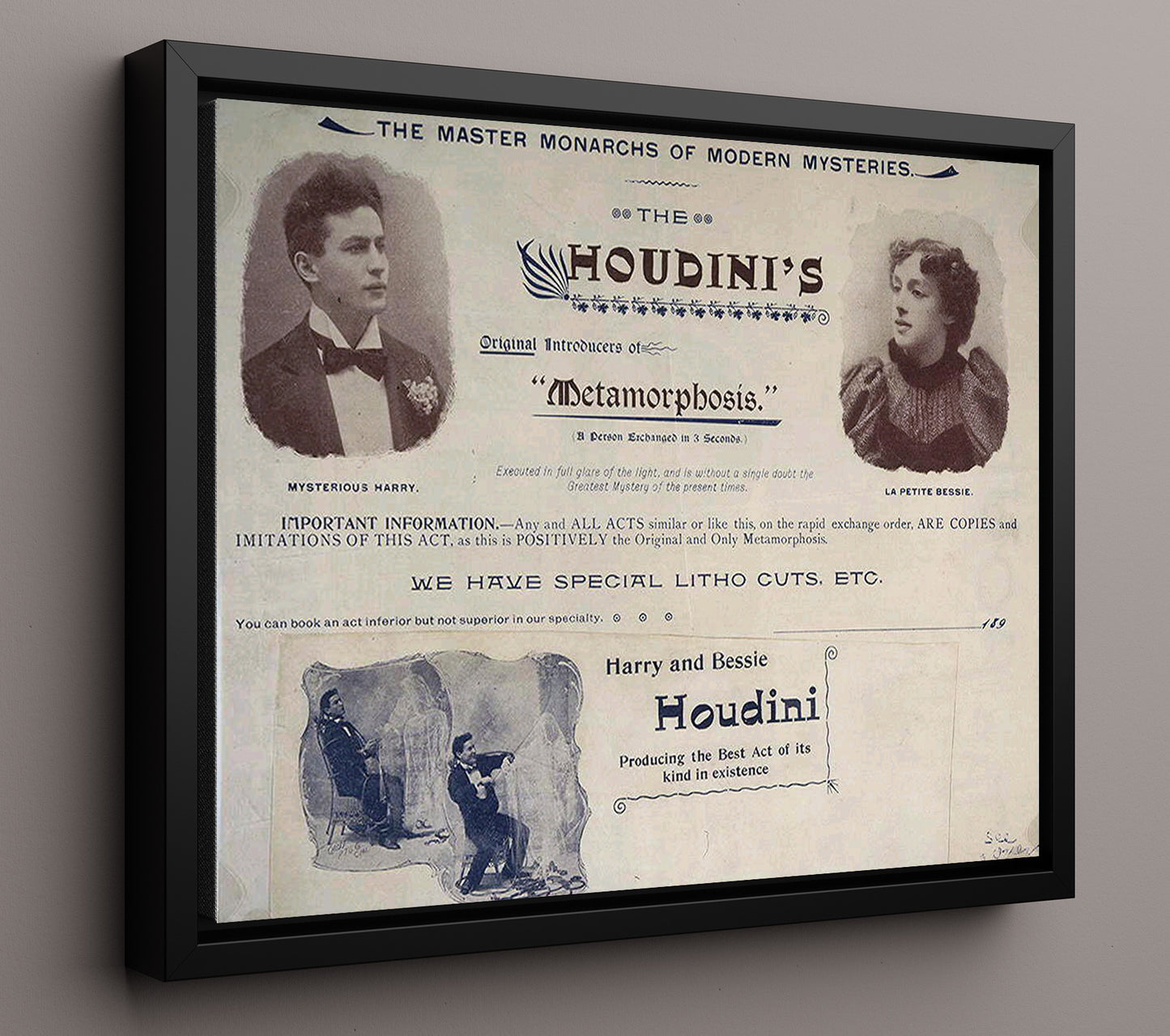 Houdini Metamorphosis - Escape Illusion - Magic Poster - 16x20 Framed Canvas
