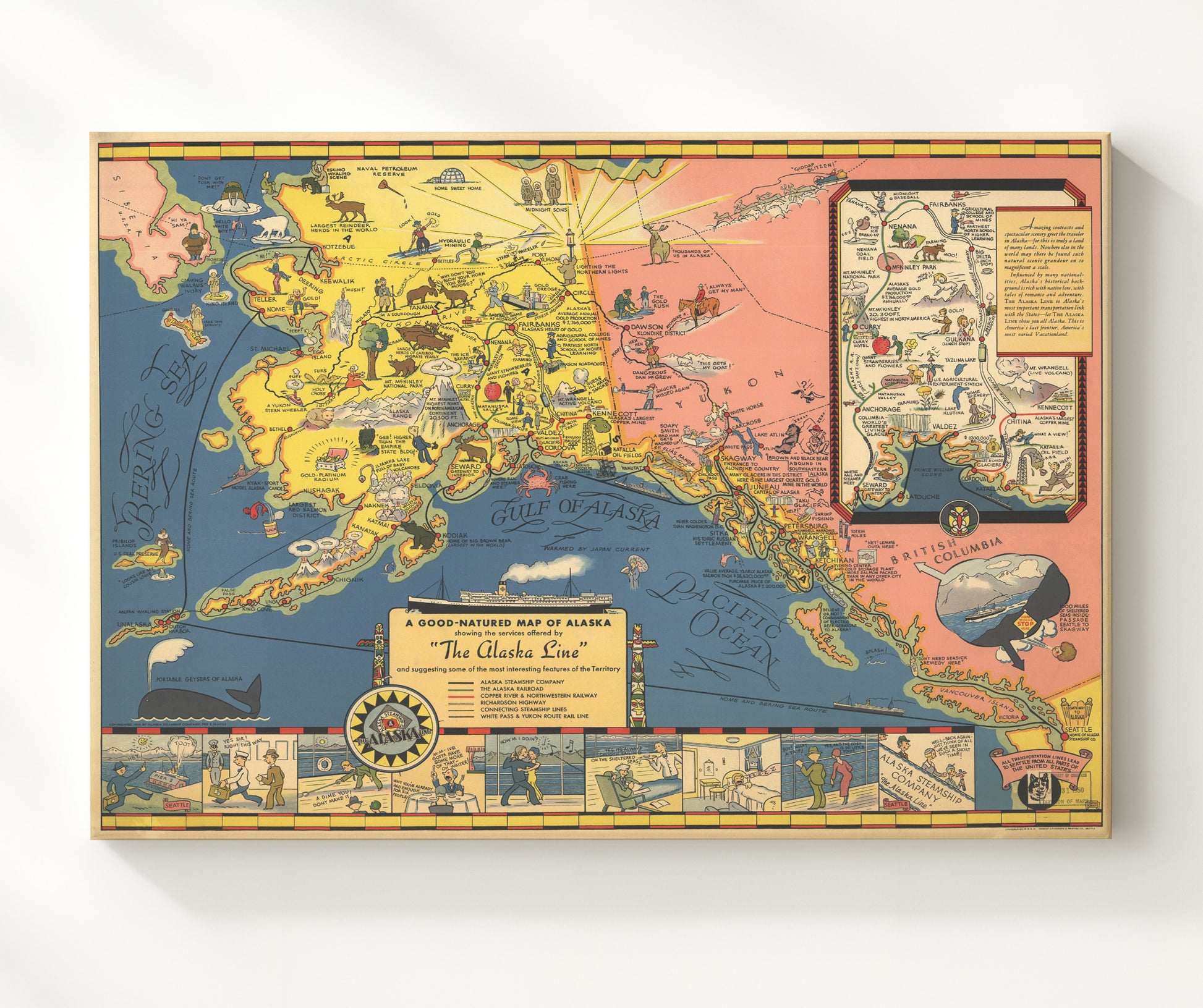 Good Natured Map of Alaska - Illustrated Alaska Railway Map - Railroad Poster - 20x24 Canvas