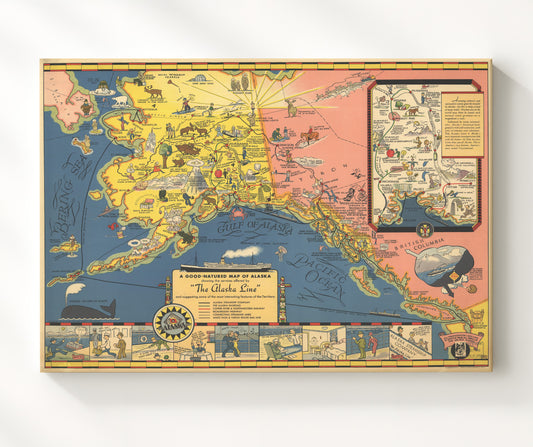 Good-Natured Map of Alaska - Illustrated Railway Map railroad poster 8x10 Canvas