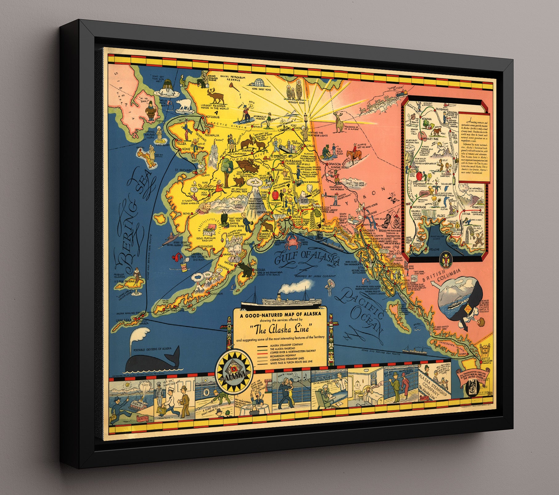 Good Natured Map of Alaska - Illustrated Alaska Railway Map - Railroad Poster - 16x20 Framed Canvas