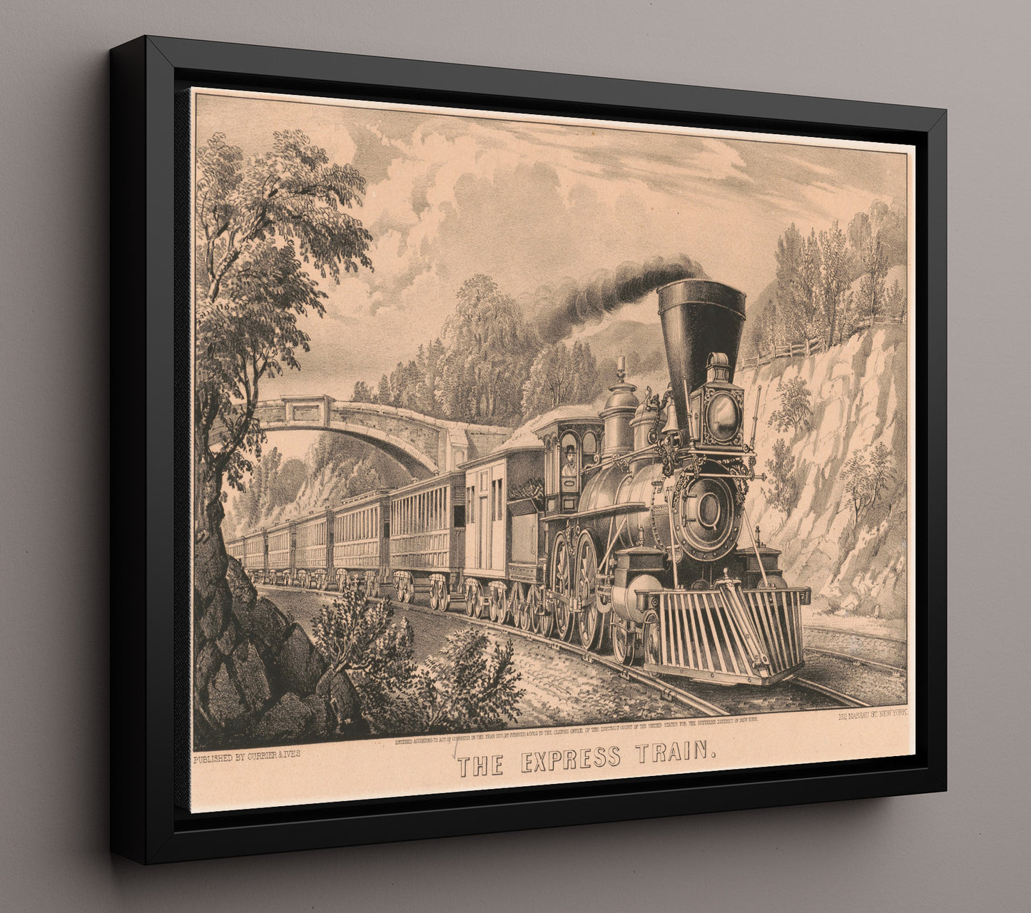 The Express Train 1870 - 19th-Century Locomotive Art - Railroad Poster - 16x20 Framed Canvas