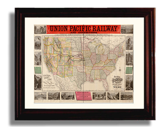 Union Pacific Map 1883 - Historic Railway Map - Railroad Poster - 16x20 Gallery Frame