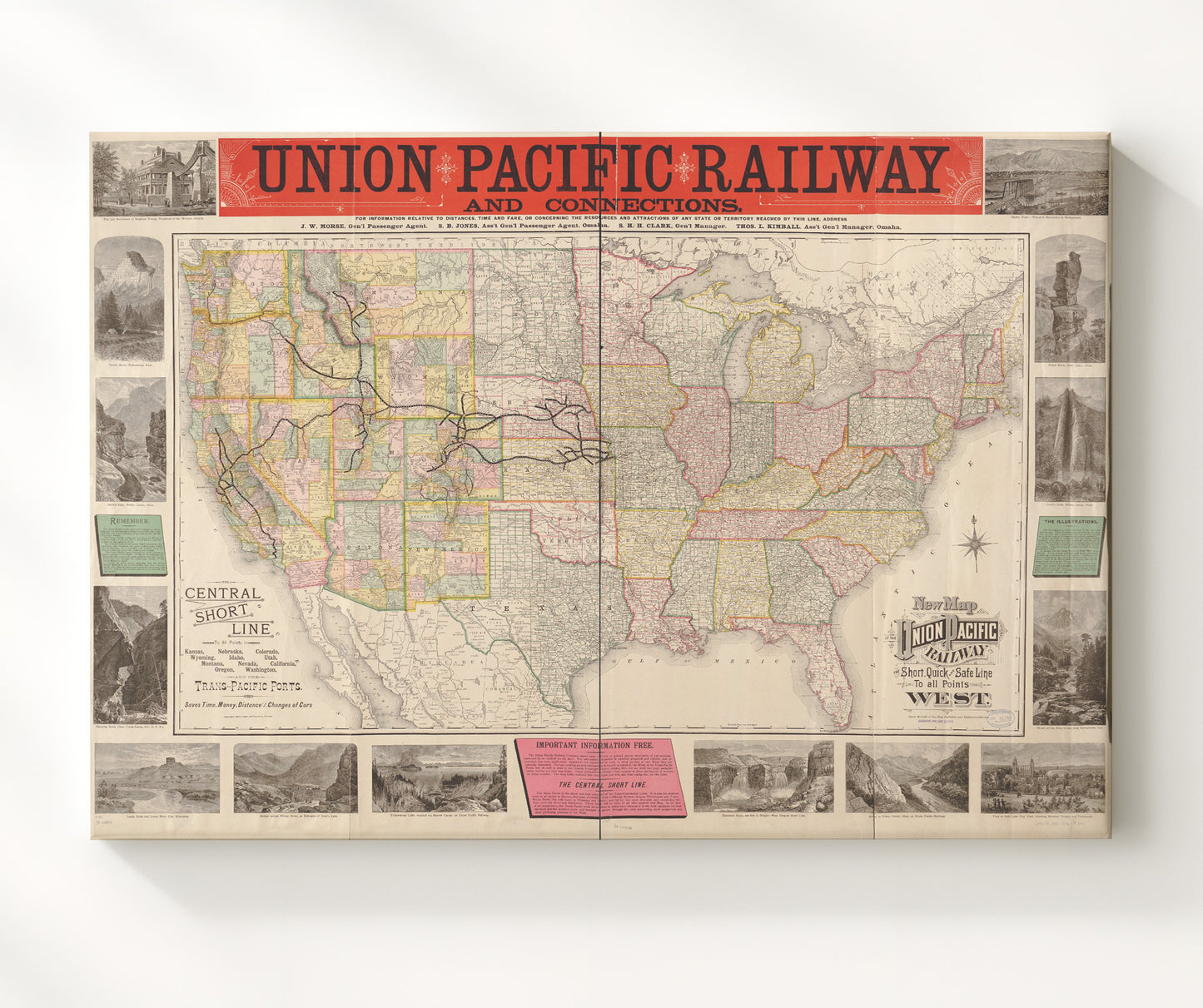 Union Pacific Map 1883 - Historic Railway Map - Railroad Poster - 20x24 Canvas