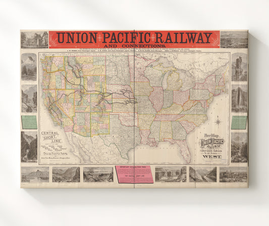 Union Pacific Map 1883 - Historic Railway Map railroad poster 8x10 Canvas