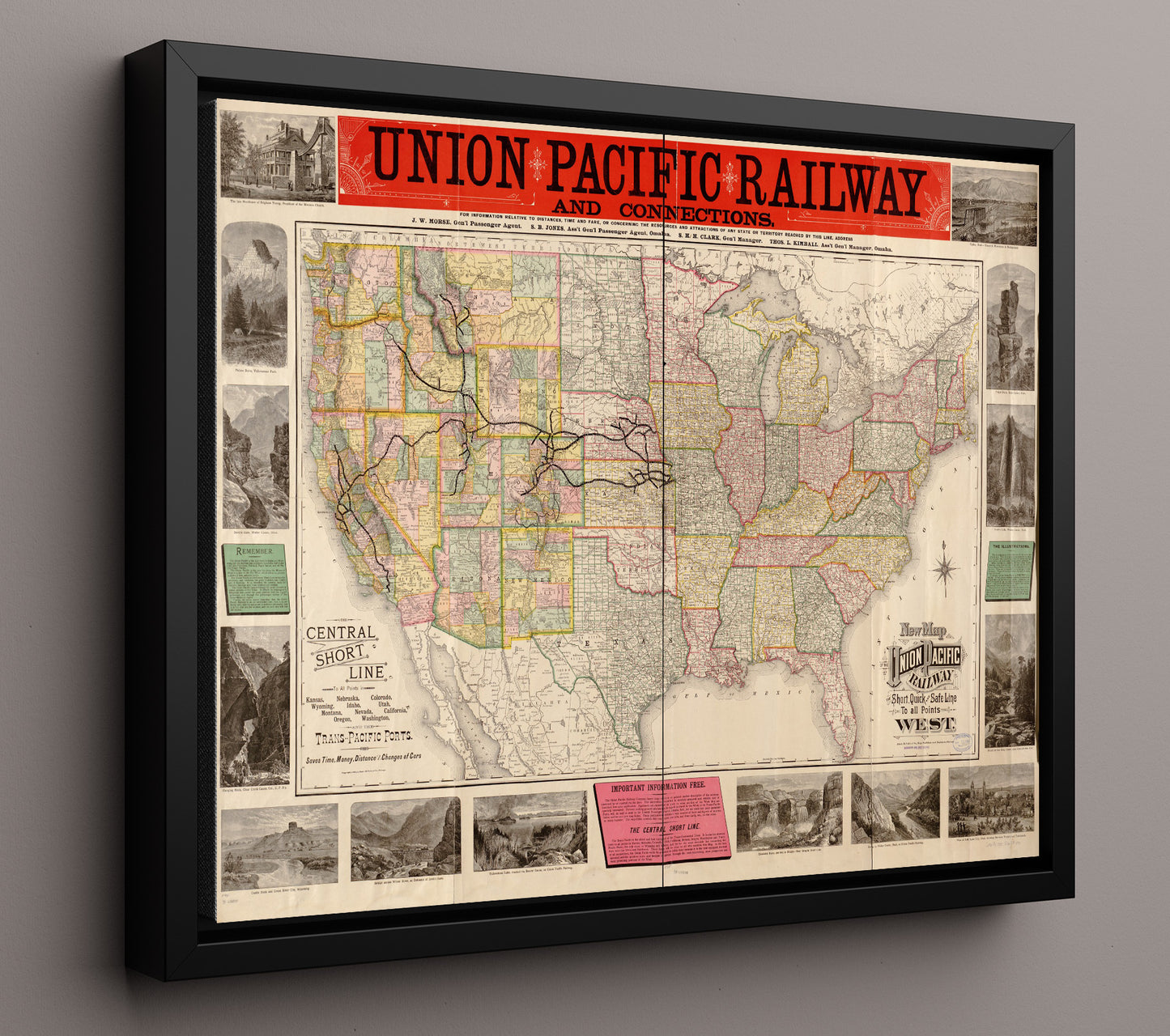 Union Pacific Map 1883 - Historic Railway Map - Railroad Poster - 16x20 Framed Canvas