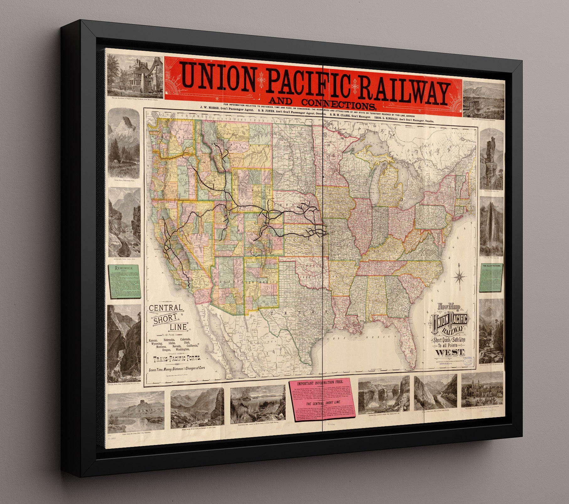 Union Pacific Map 1883 - Historic Railway Map - Railroad Poster - 16x20 Framed Canvas