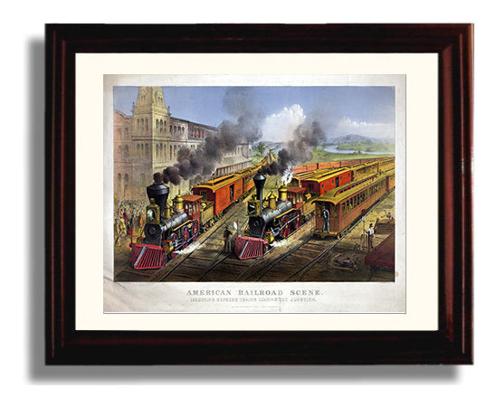 American Railroad Scene Lightning Express Trains - Lightning Express Railway Art - Railroad Poster - 16x20 Gallery Frame