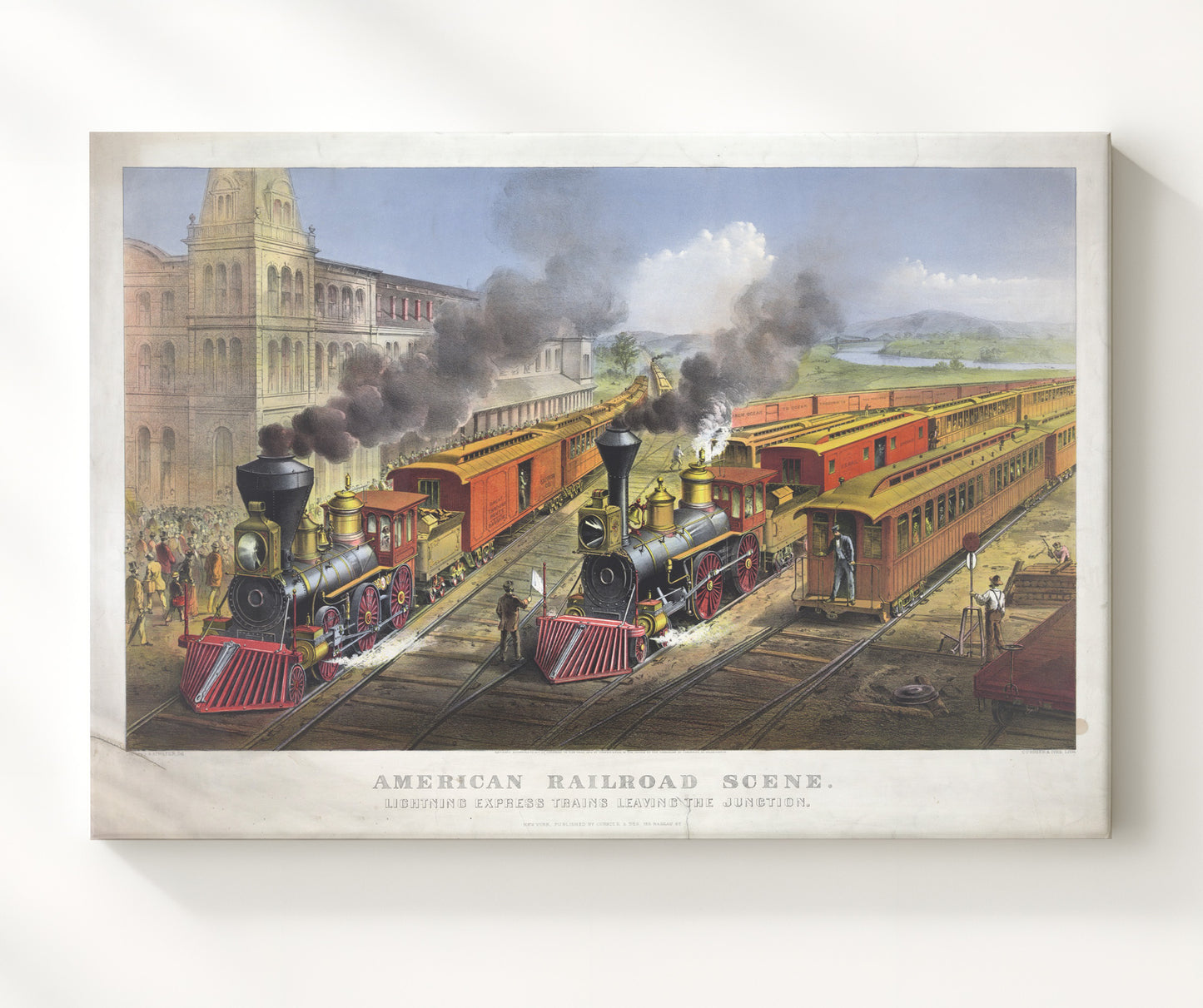 American Railroad Scene Lightning Express Trains - Lightning Express Railway Art - Railroad Poster - 20x24 Canvas