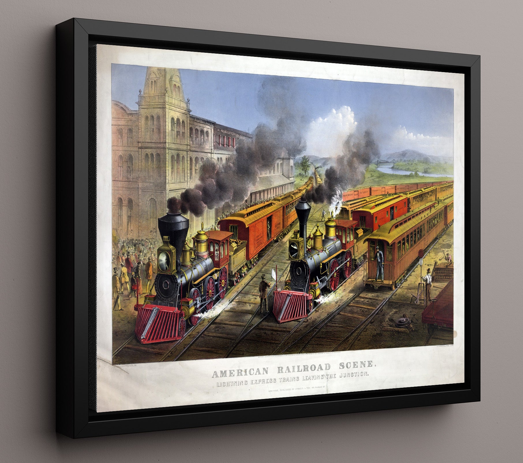 American Railroad Scene Lightning Express Trains - Lightning Express Railway Art - Railroad Poster - 16x20 Framed Canvas