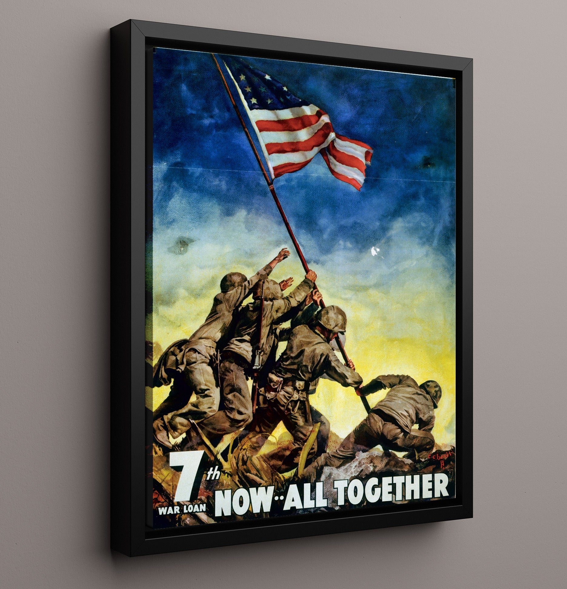 Vintage War Poster - 7th War Loan Now All Together Vintage War Wall Art - 16x20 Framed Canvas