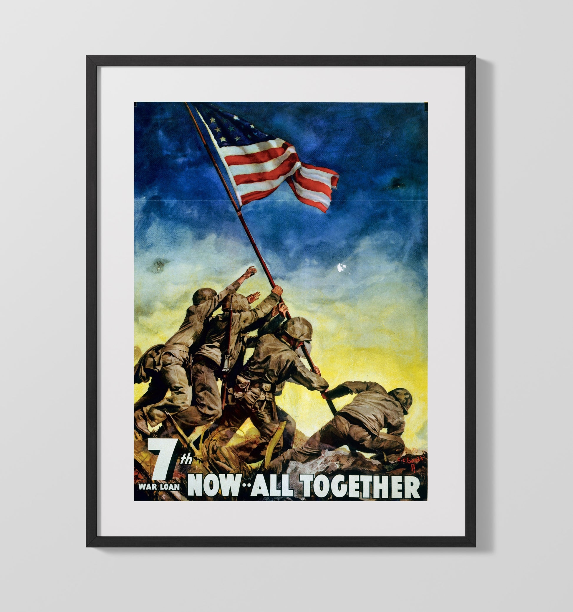 Vintage War Poster - 7th War Loan Now All Together Vintage War Wall Art - 16x20 Gallery Frame