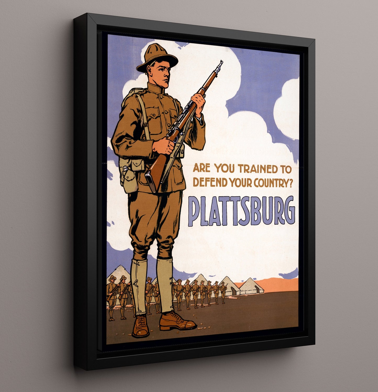 Vintage War Poster - Are Your Trained To Defend Your Country Plattsburg Vintage War Wall Art - 16x20 Framed Canvas