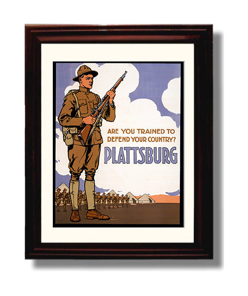 Vintage War Poster - Are Your Trained To Defend Your Country Plattsburg Vintage War Wall Art - 8x10 Beveled Frame