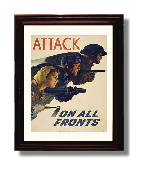 Vintage War Poster - Attack on All Fronts Vintage War Wall Art - 8x10 Beveled Frame