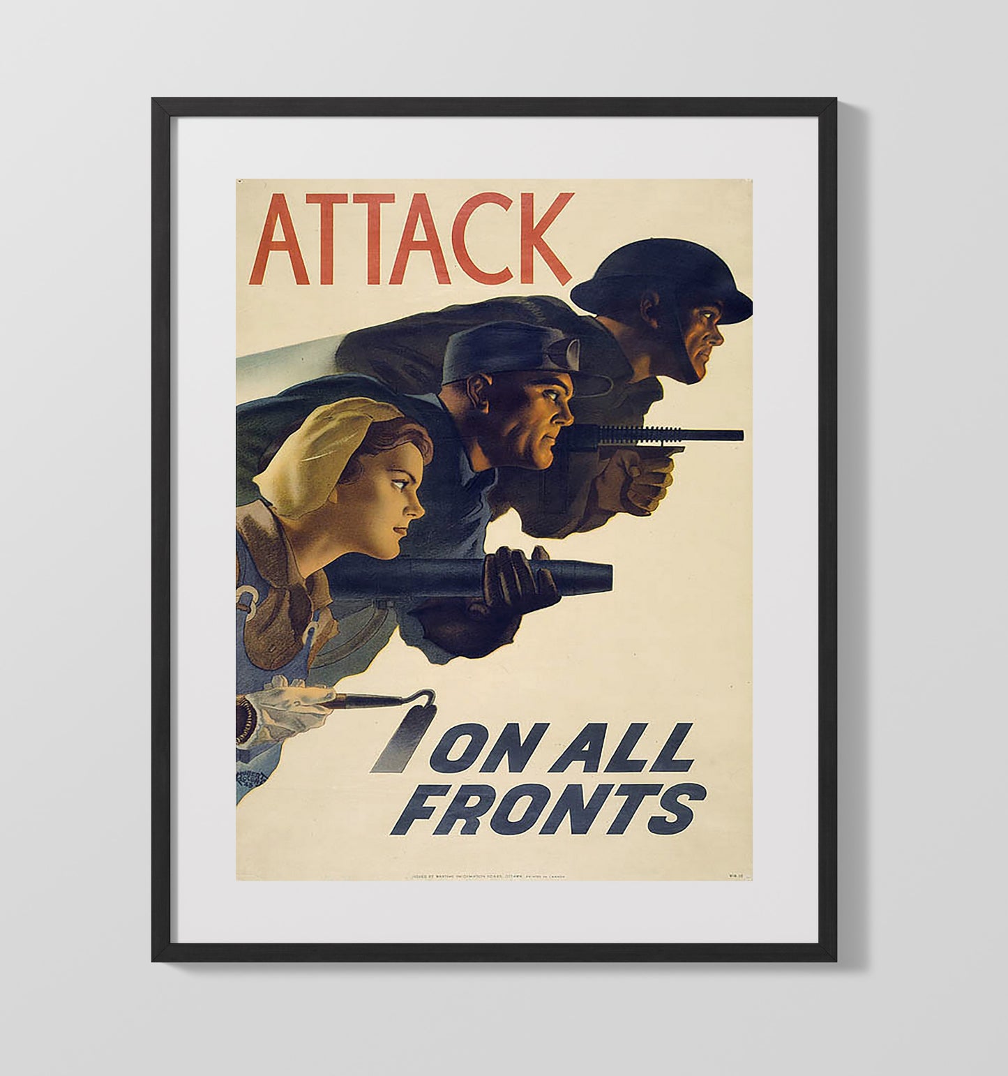 Vintage War Poster - Attack on All Fronts Vintage War Wall Art - 16x20 Gallery Frame
