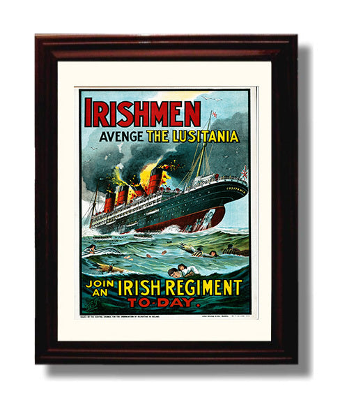 Vintage War Poster - Avenge the Lusitania Join an Irish Regiment Today Vintage War Wall Art - 8x10 Beveled Frame