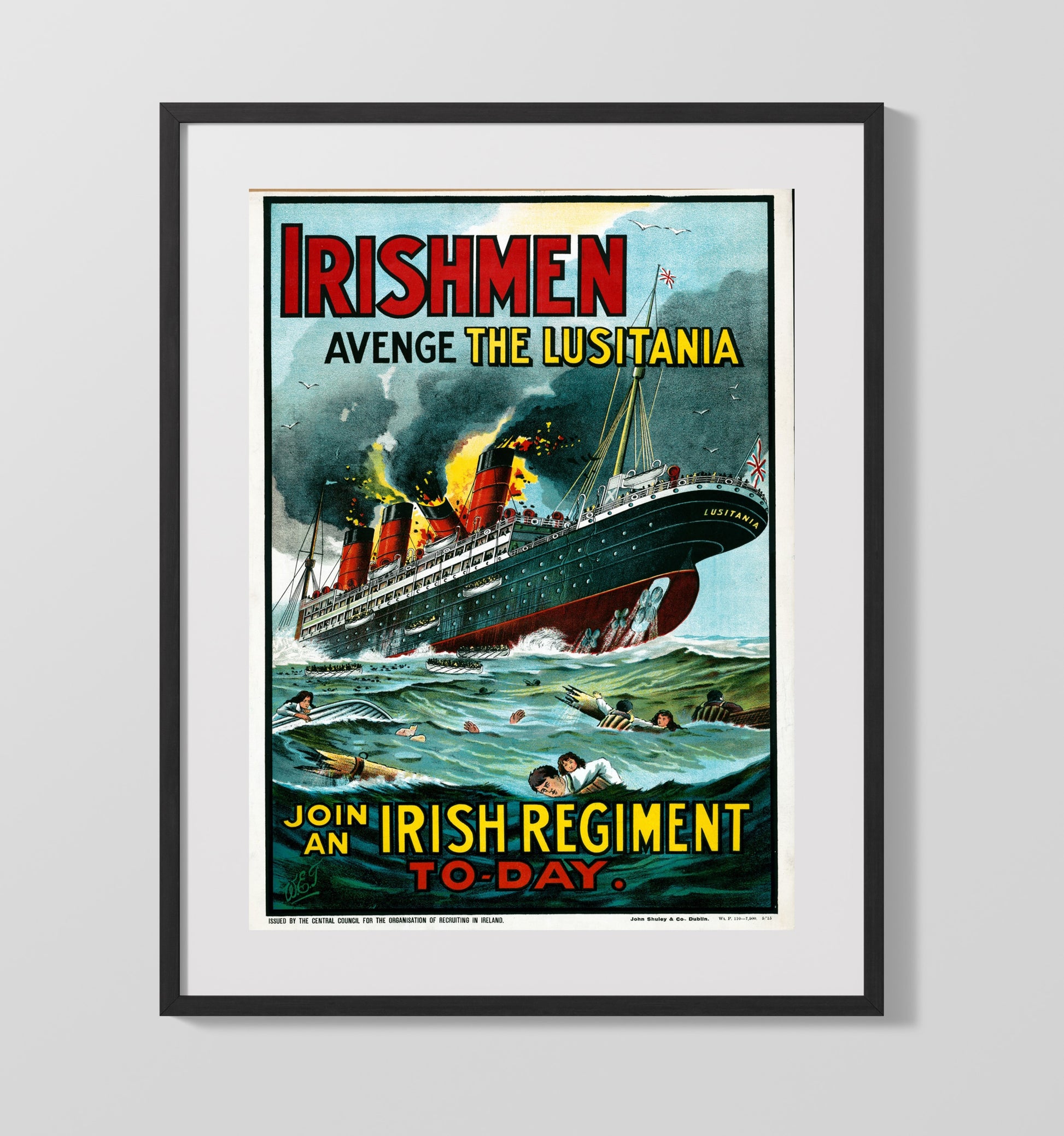 Vintage War Poster - Avenge the Lusitania Join an Irish Regiment Today Vintage War Wall Art - 16x20 Gallery Frame