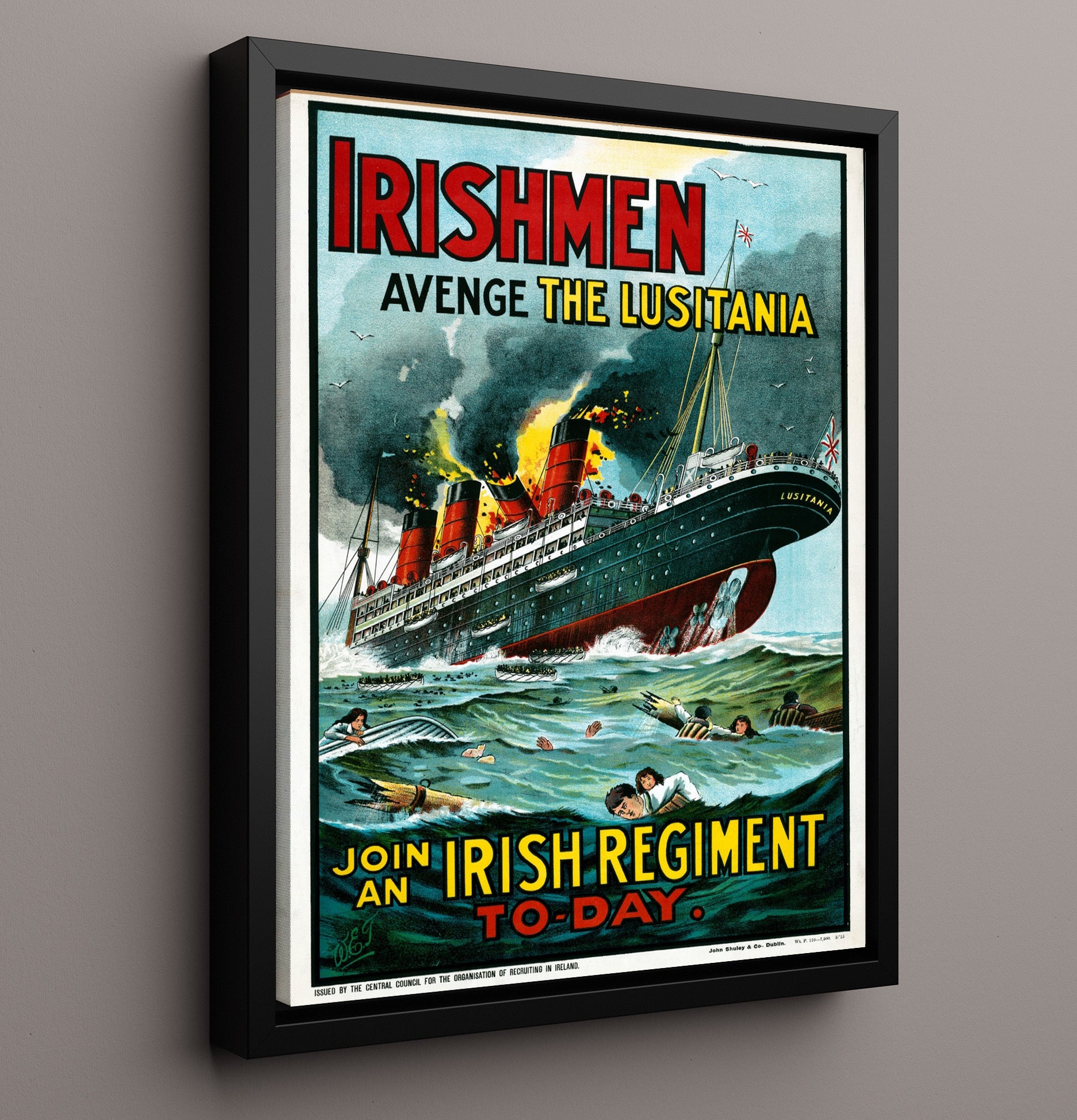 Vintage War Poster - Avenge the Lusitania Join an Irish Regiment Today Vintage War Wall Art - 16x20 Framed Canvas